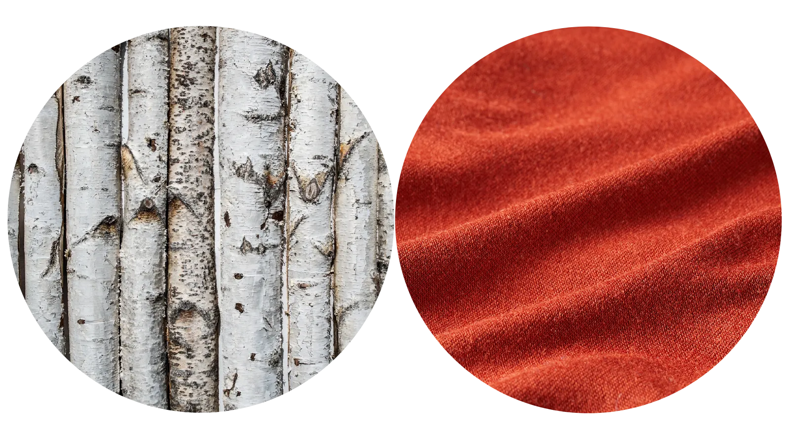 Side by side photos of beech tree bark (left) and red fabric (right) to show that a renewable tree can be made into sustainable wallets.