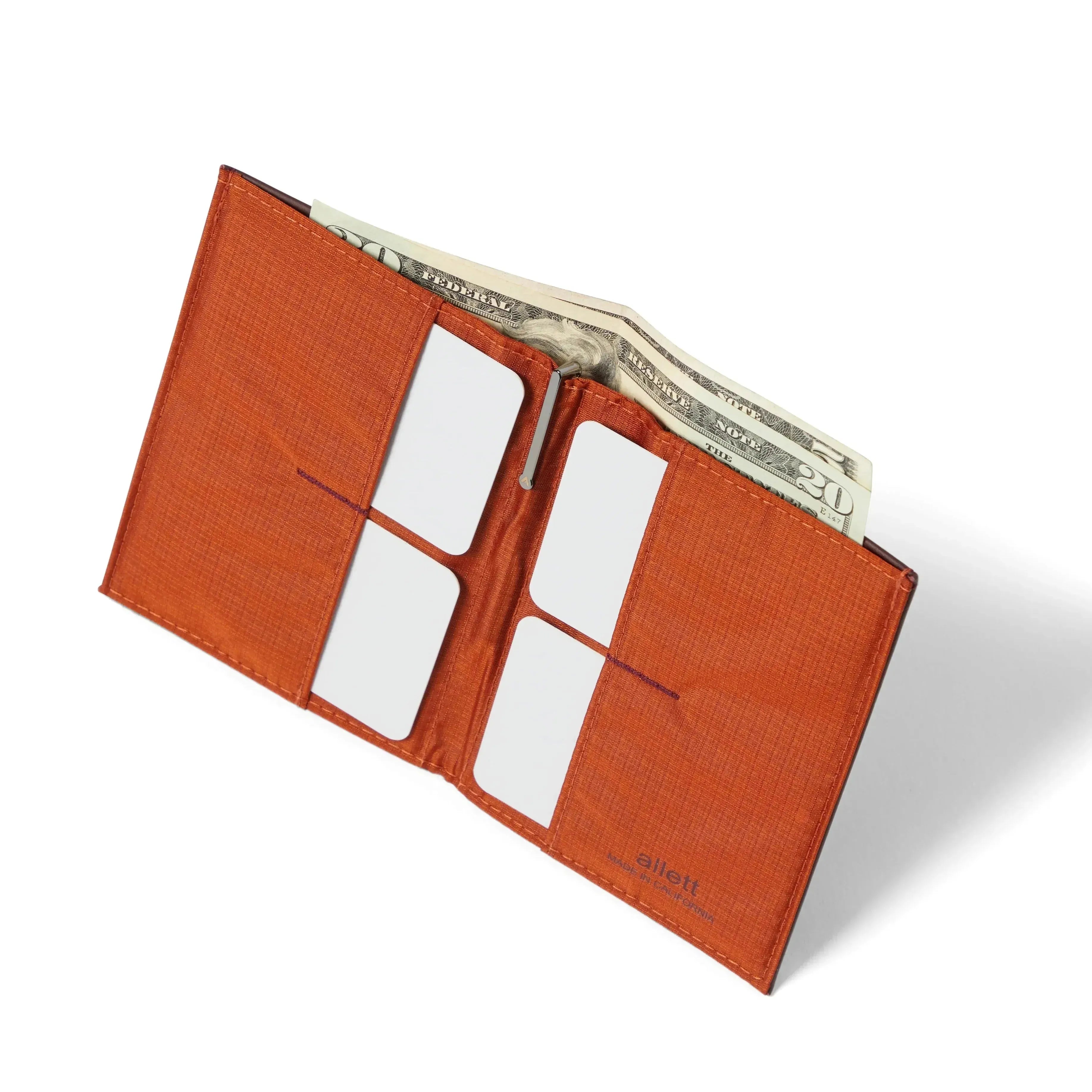 Orange colored merlot premium leather wallet with ultra thin leather, the interior is made with an orange nylon. Allett leather original wallet merlot