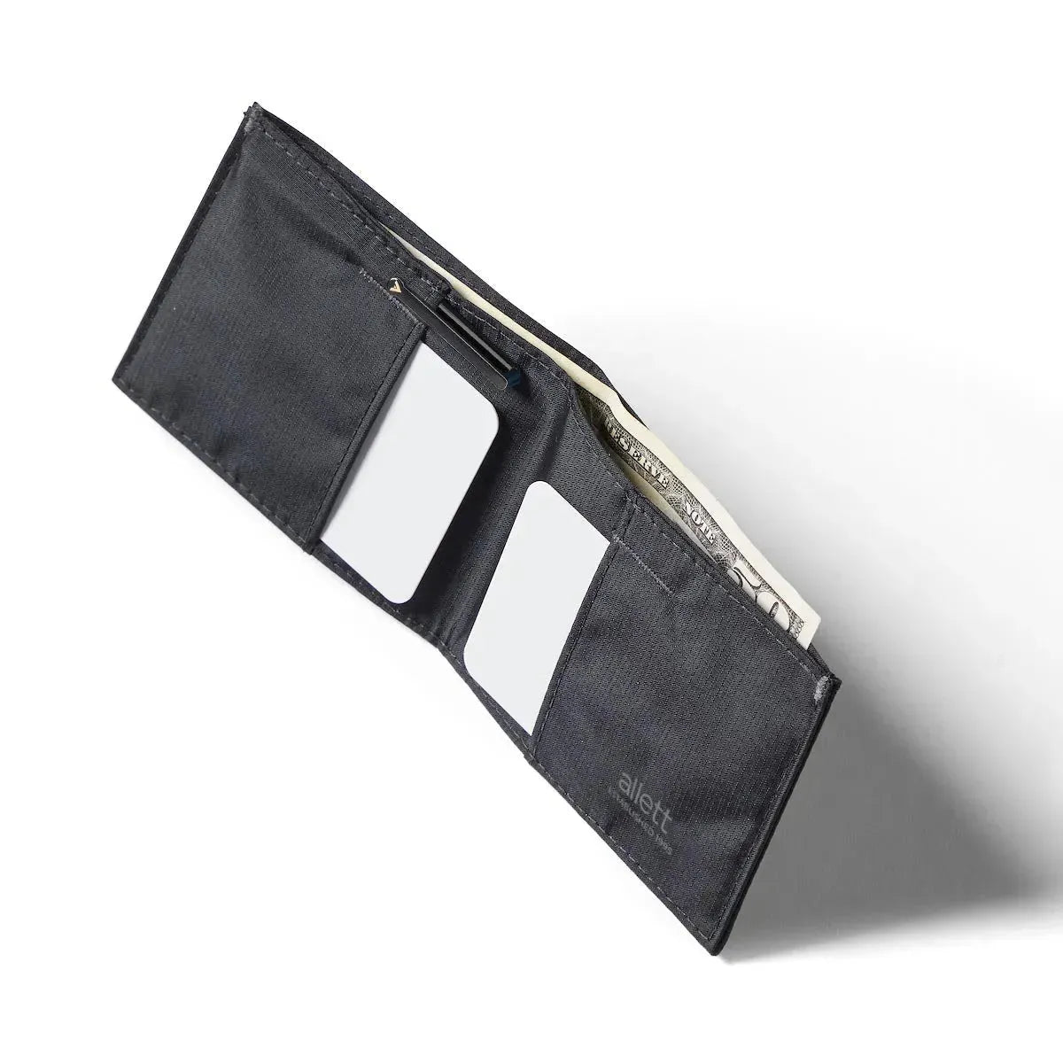 Photo is of an open sports wallet in jet black made with ripstop nylon - Allett Sport Wallet RFID Nylon Front Pocket Wallet jet-black
