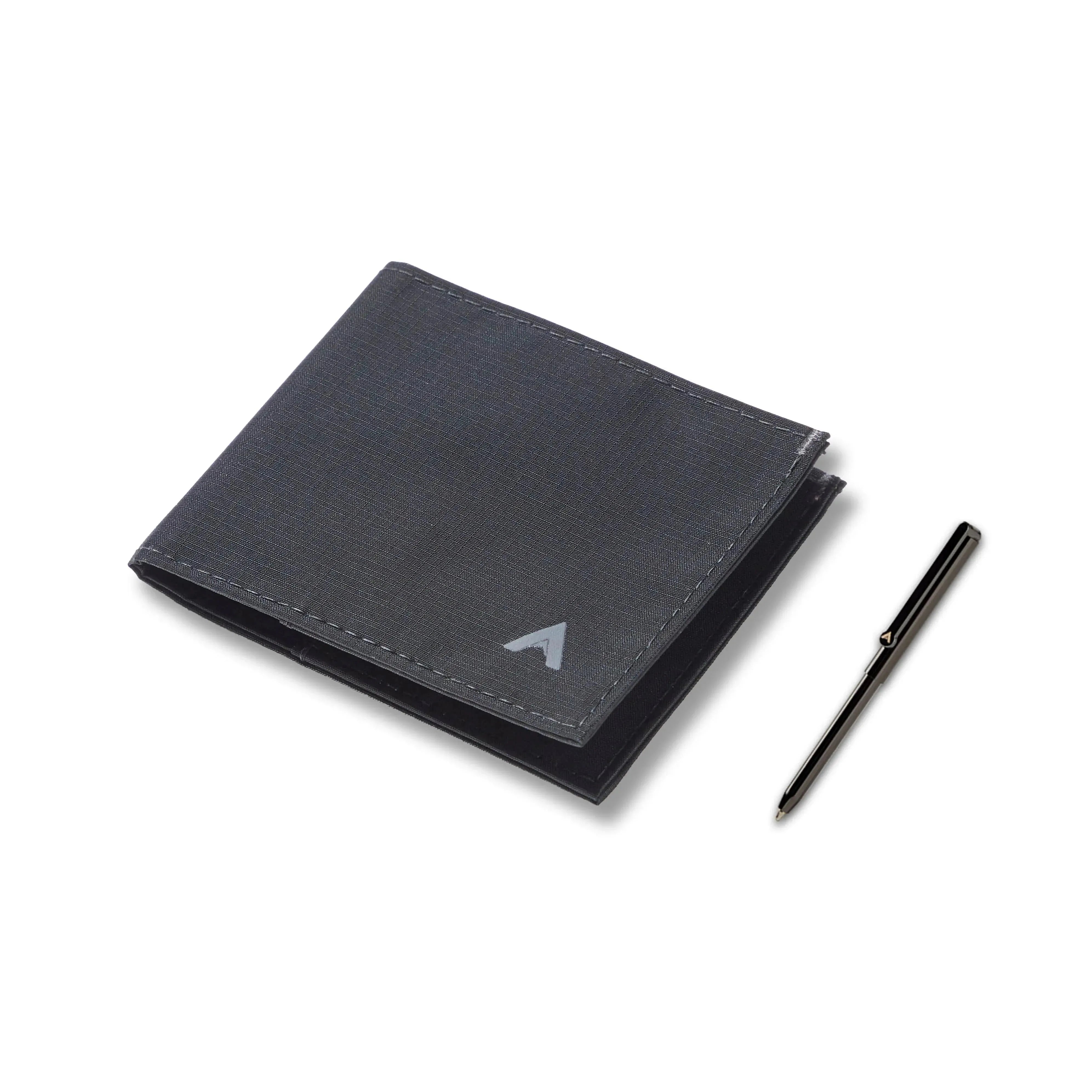Small, front pocket sized sports wallet made in vegan nylon with a micro pen to its right - Allett Sport Wallet RFID Nylon Front Pocket Wallet jet-black pen