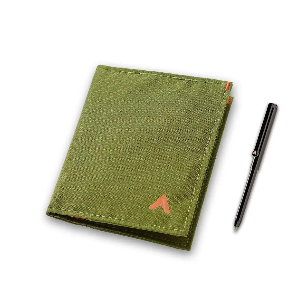 Allett's compact hybrid card wallet in Cala Green, positioned beside a micro pen for scale. Allett Hybrid Card Wallet cala-green pen