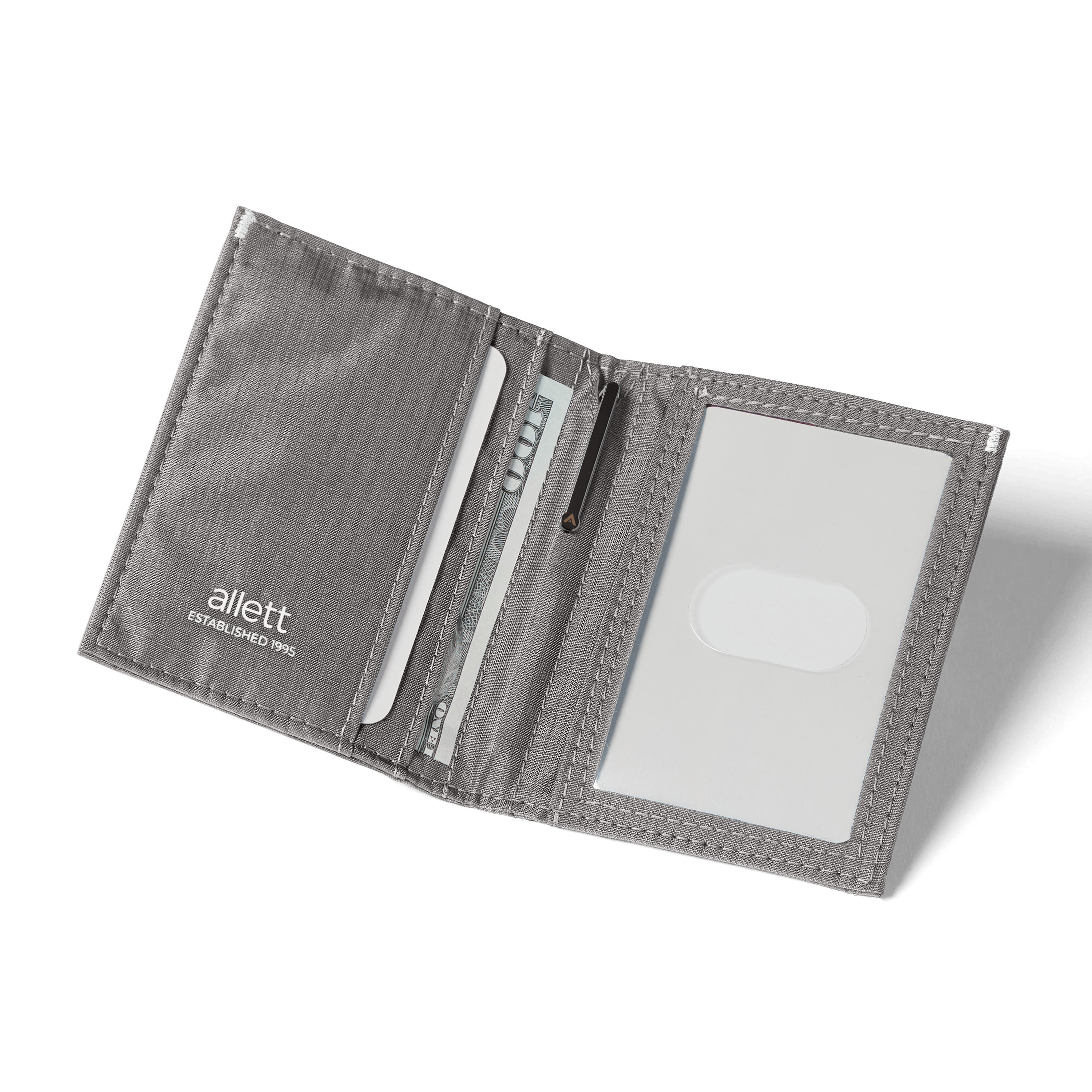 Gray Allett wallet with card slots and a pen holder on a white background