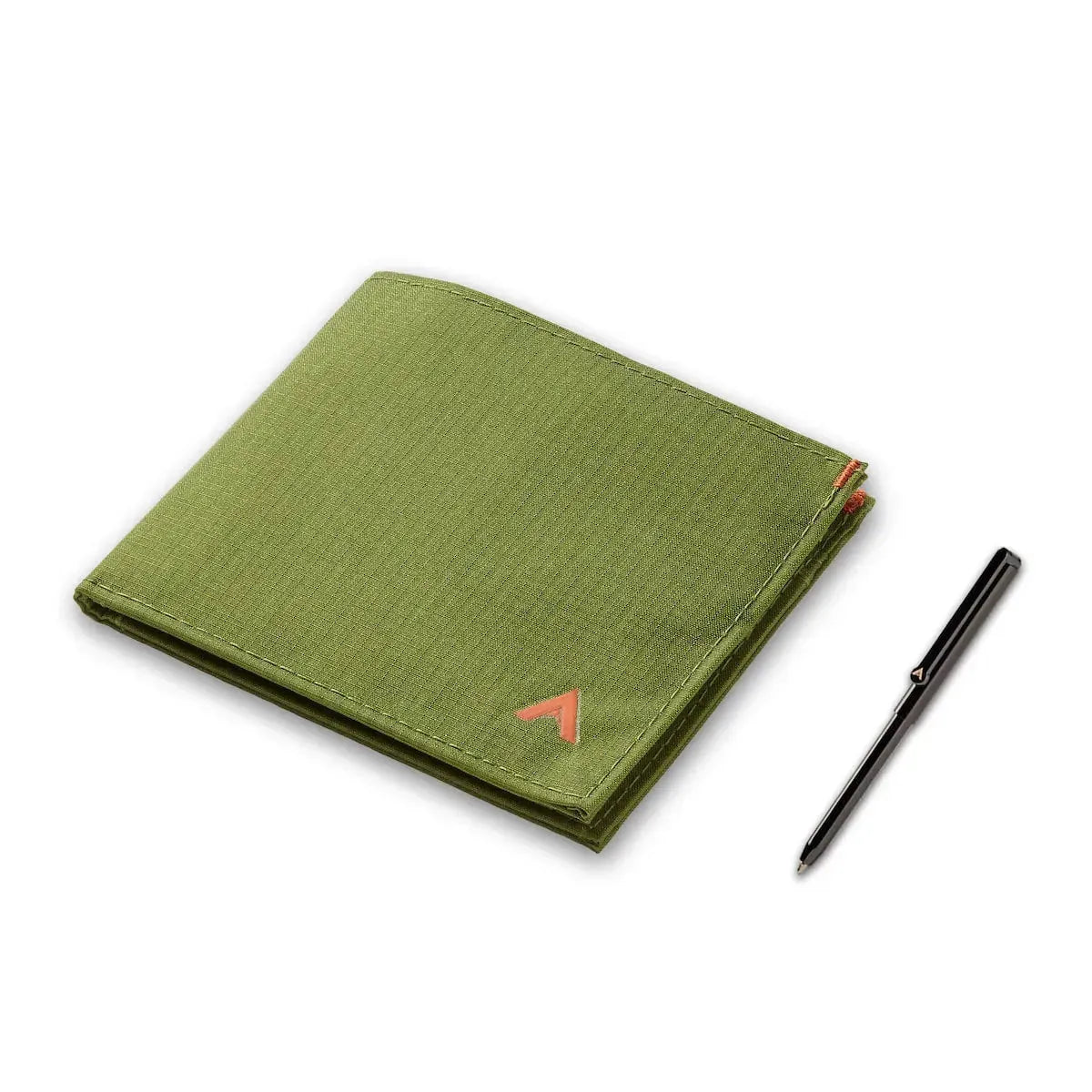 Allett's Cala Green ID wallet next to a micro pen that is also from Allett - the pen fits inside of the wallet - Allett ID Wallet Nylon RFID cala-green pen