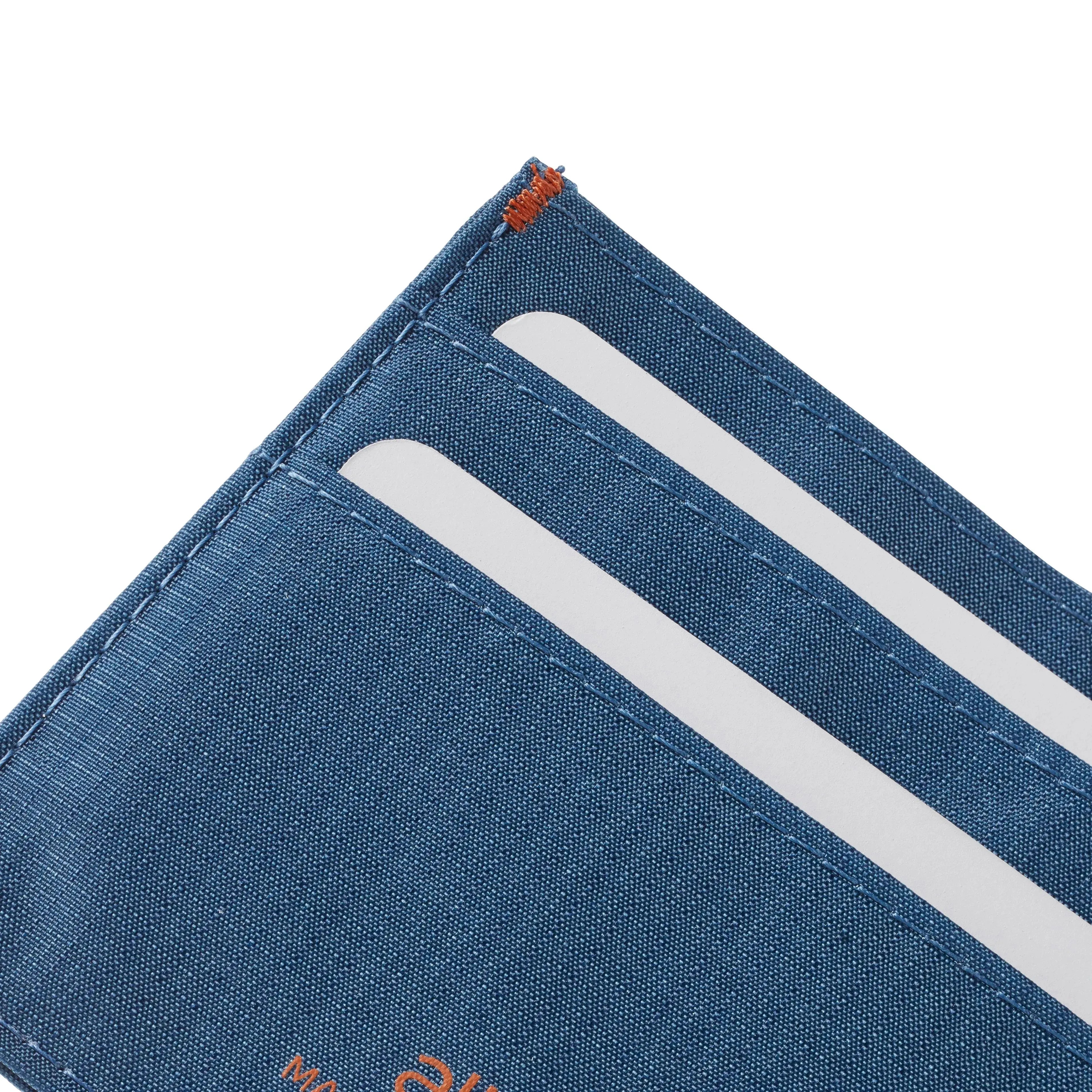 Close up of the corner of a indigo-blue premium ID wallet indigo-blue
