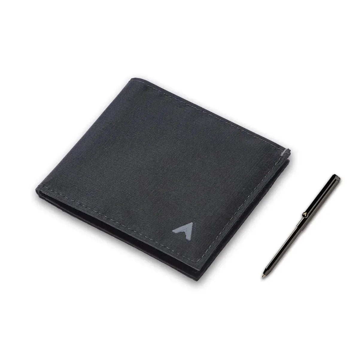 Black nylon leather ID wallet on a white background next to a small micropen -Allett ID Wallet Nylon RFID jet-black pen