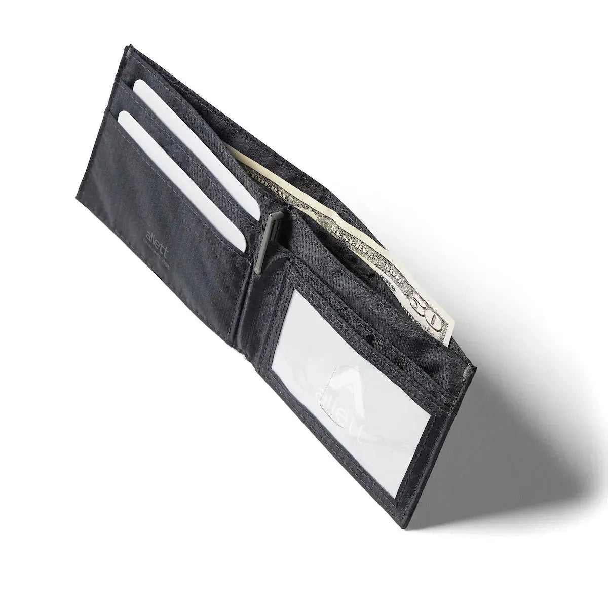 Open vegan ID wallet made in jet black nylon and open to show its clear ID cover and open space for cards -Allett ID Wallet Nylon RFID jet-black