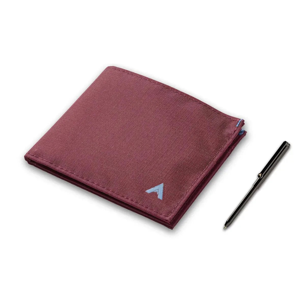 Mulberry ID wallet with a micro-pen pocket next to an Allett ultra small pen -Allett ID Wallet Nylon RFID mulberry with pen