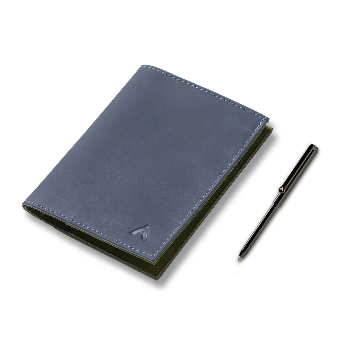 Midnight blue Nappa ultra thin premium leather wallet next to a micro pen. The wallets have a micropen pocket inside of the wallet. Allett Leather Original Wallet midnight-blue pen