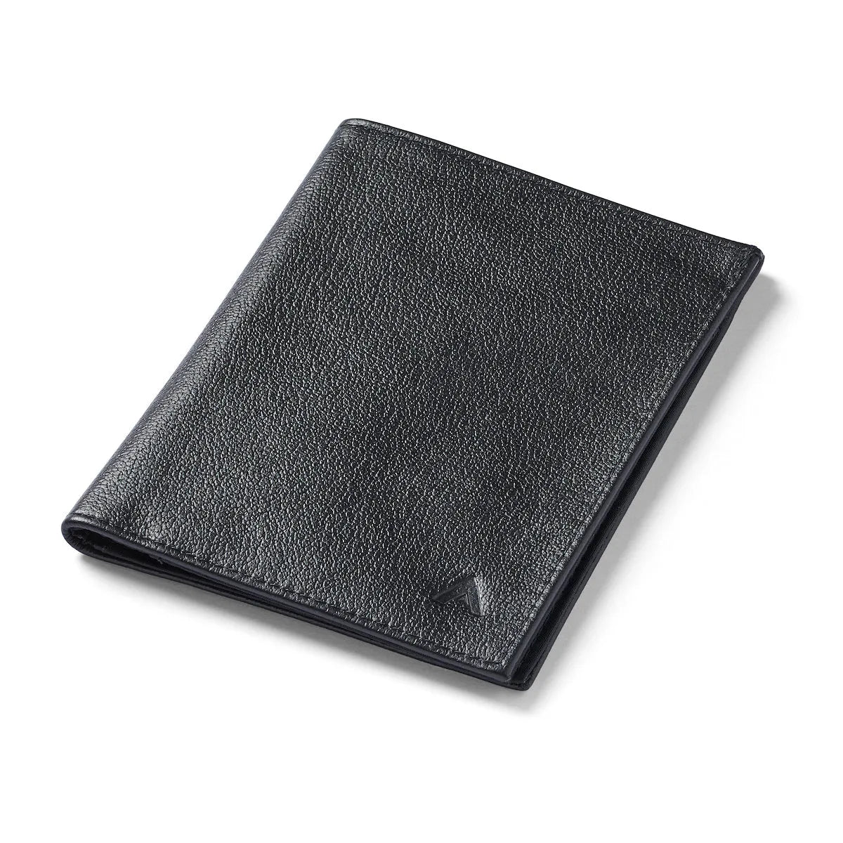Allett's onyx black Nappa leather travel wallet, closed, and placed against a white background, showing the logo at the bottom right. Leather Travel Wallet by Allett with RFID protection - onyx-black