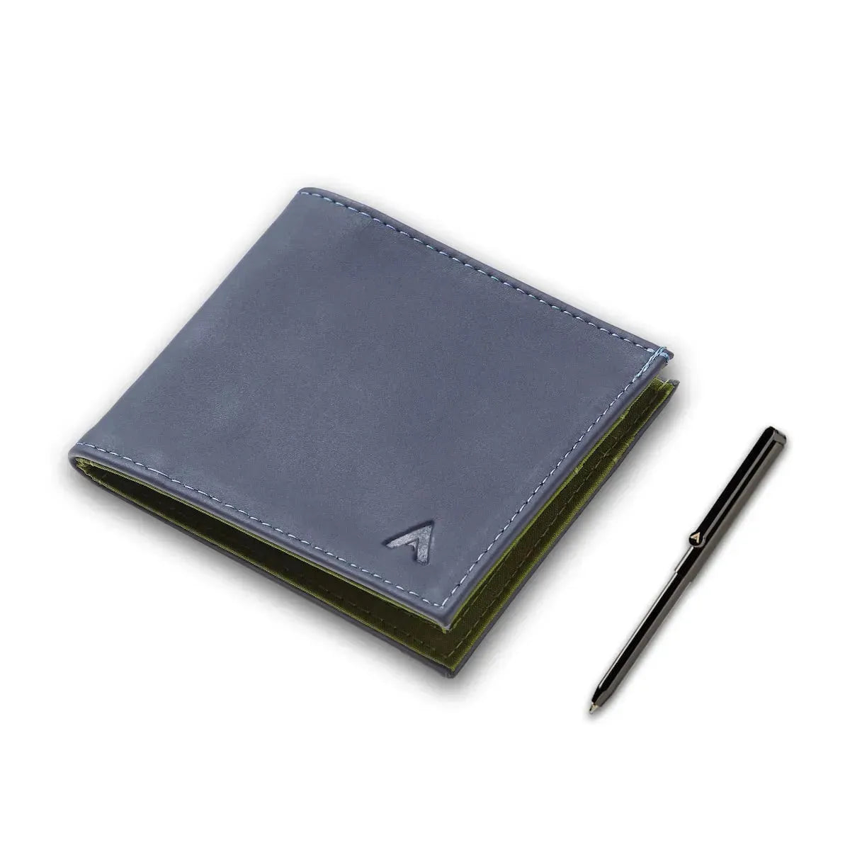 Midnight blue leather wallet flat next to an Allett mini pen that fits in a pocket with the ID Wallet. Allett Leather ID Wallet midnight-blue pen