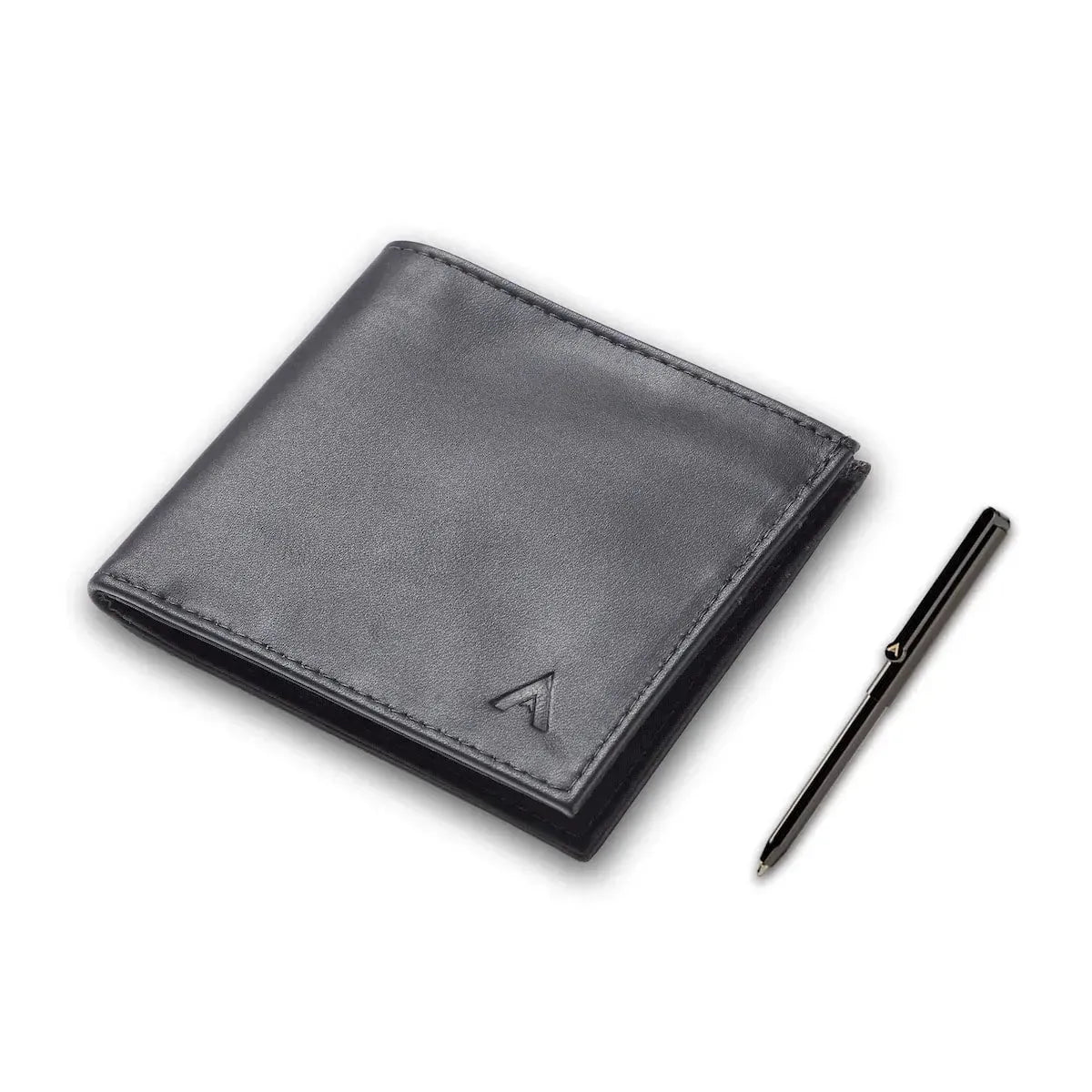 Image is of a black leather ID wallet on the left next to a micro pen on the right that is small and silver. Allett Leather ID Wallet onyx-black pen