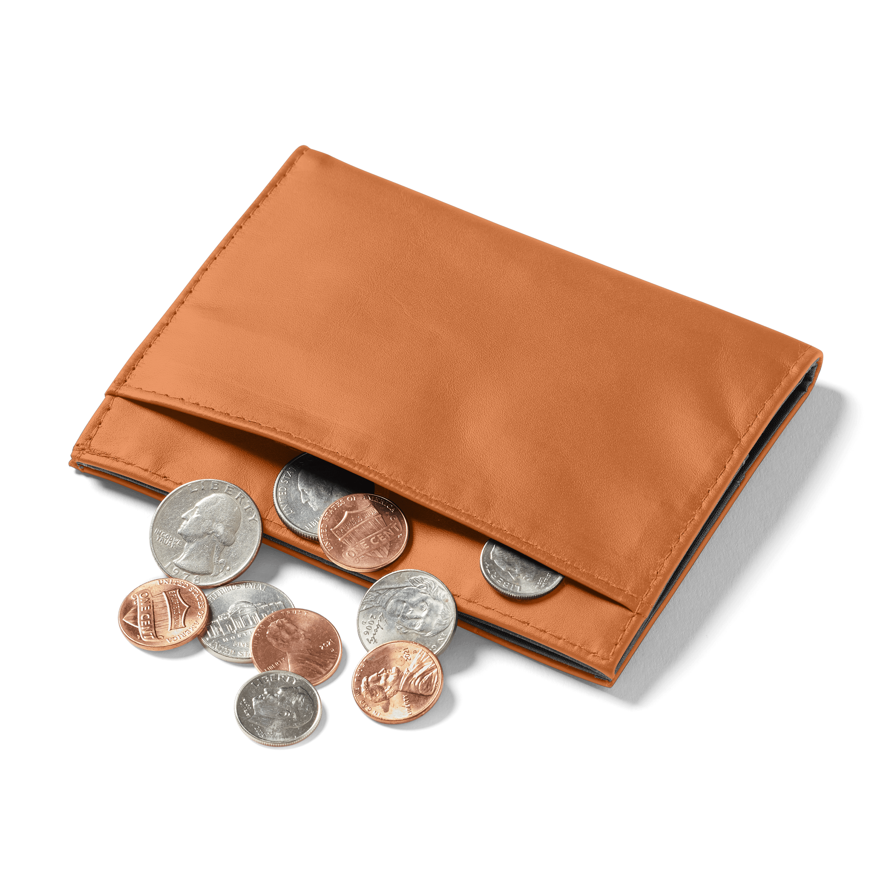 Brown Allett leather wallet with coins on a transparent background