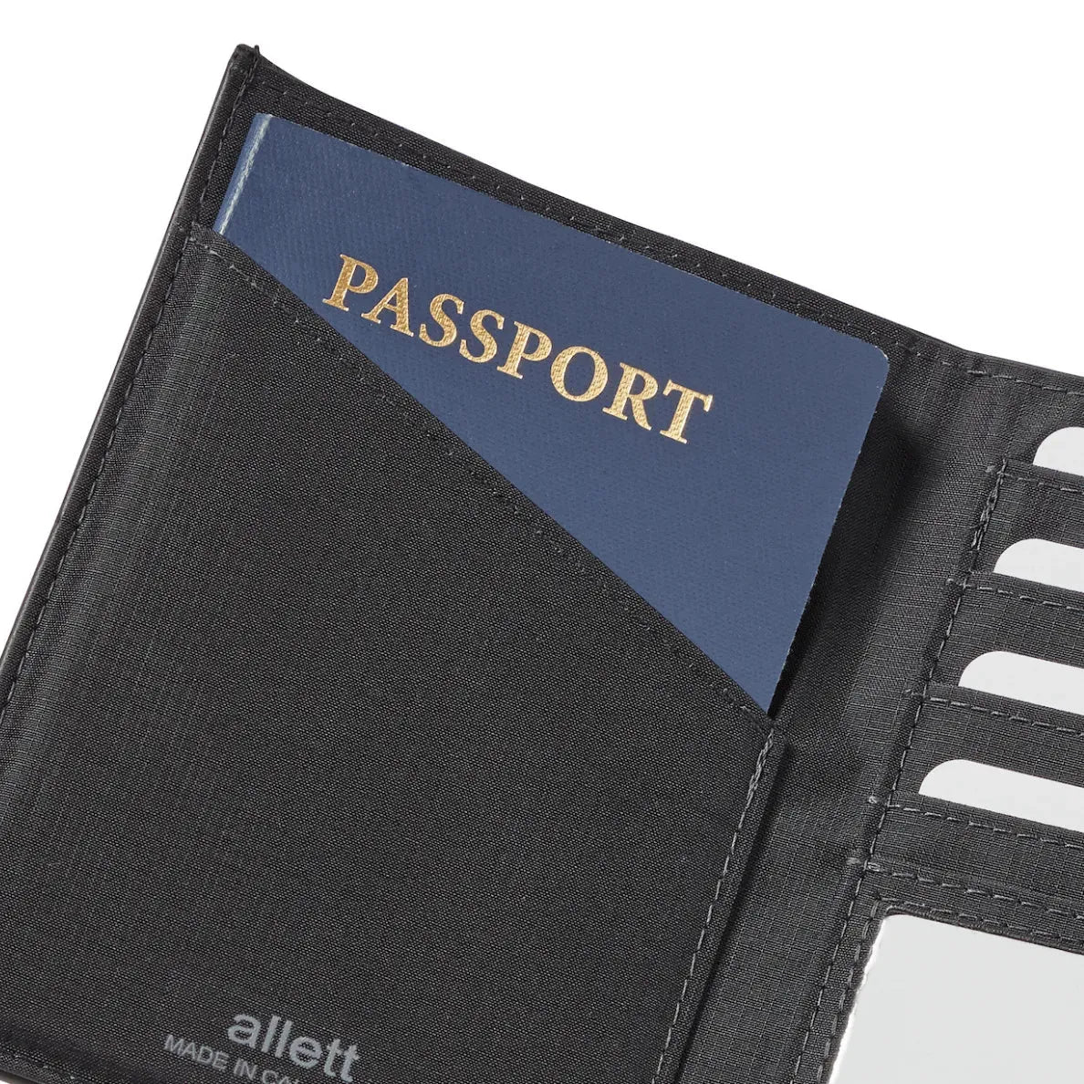 Close up of Allett Passport Wallet Leather RFID - black