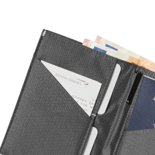 Grey travel wallet with card slots and a passport holder on a white background