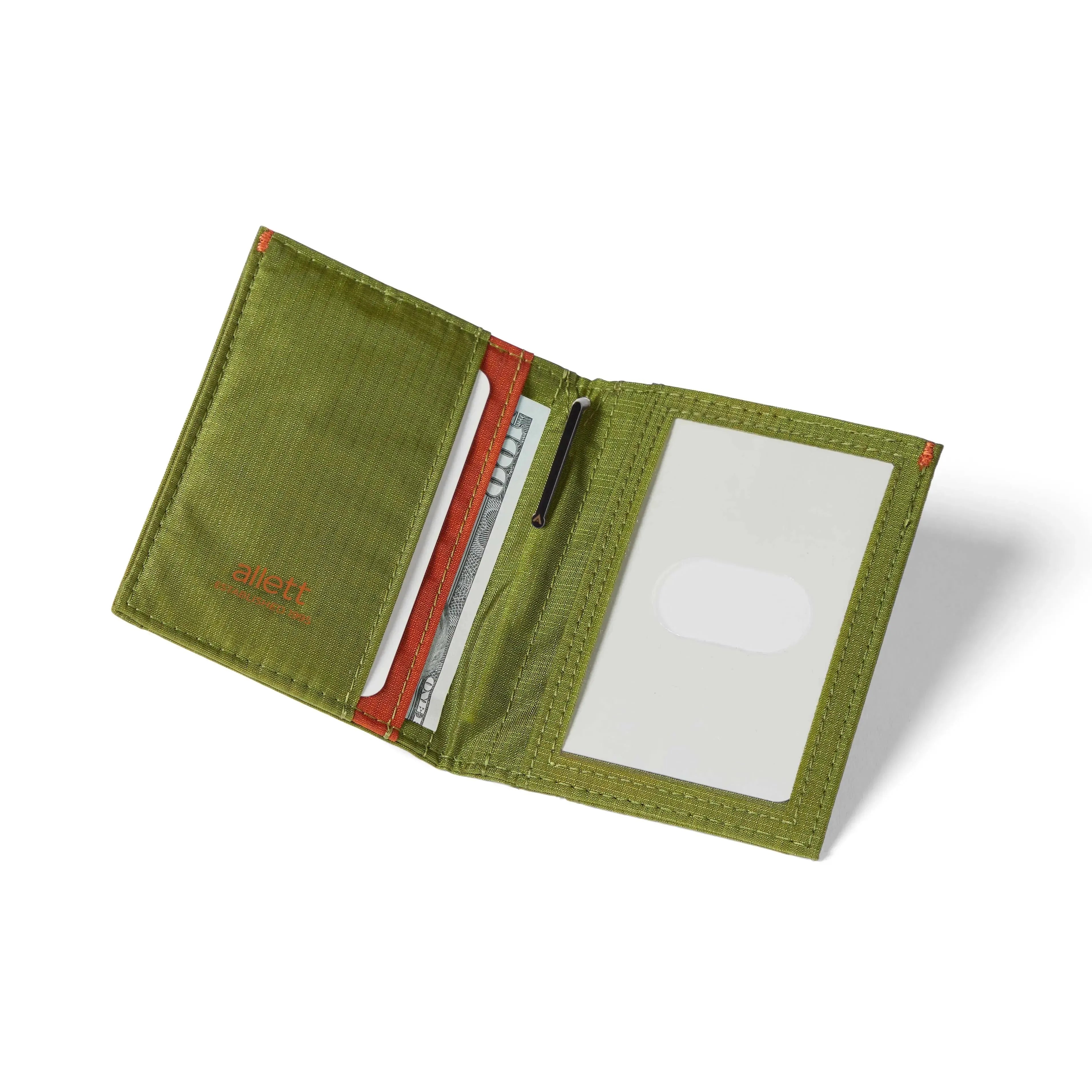 Displayed, Cala Green hybrid card wallet, vegan nylon made, with ID window and card slots, featuring RFID blocking capabilities. Allett Hybrid Card Wallet cala-green