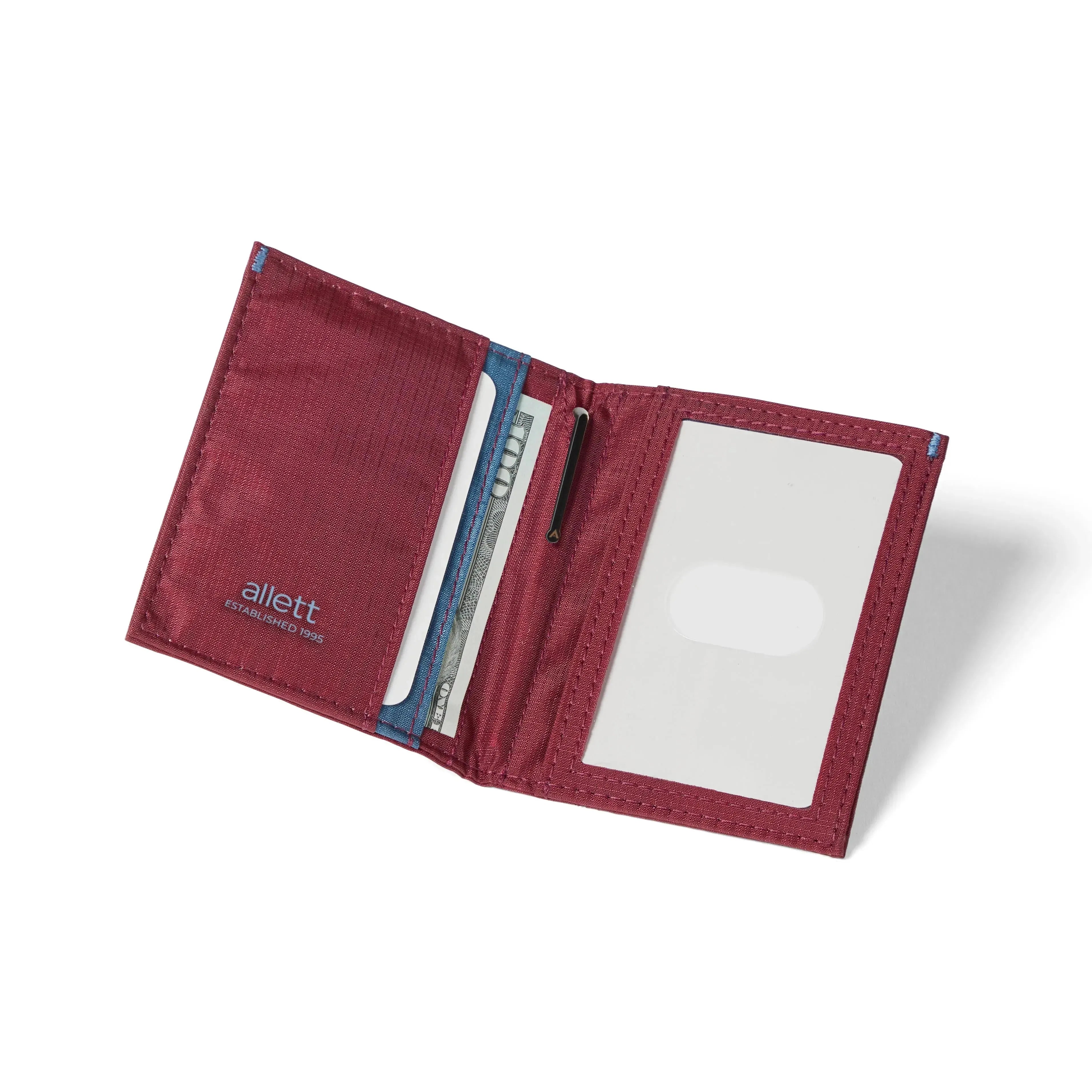 Mulberry RFID hybrid card wallet, open with an ID slot and multiple card compartments, constructed with vegan nylon. Allett Hybrid Card Wallet mulberry purple