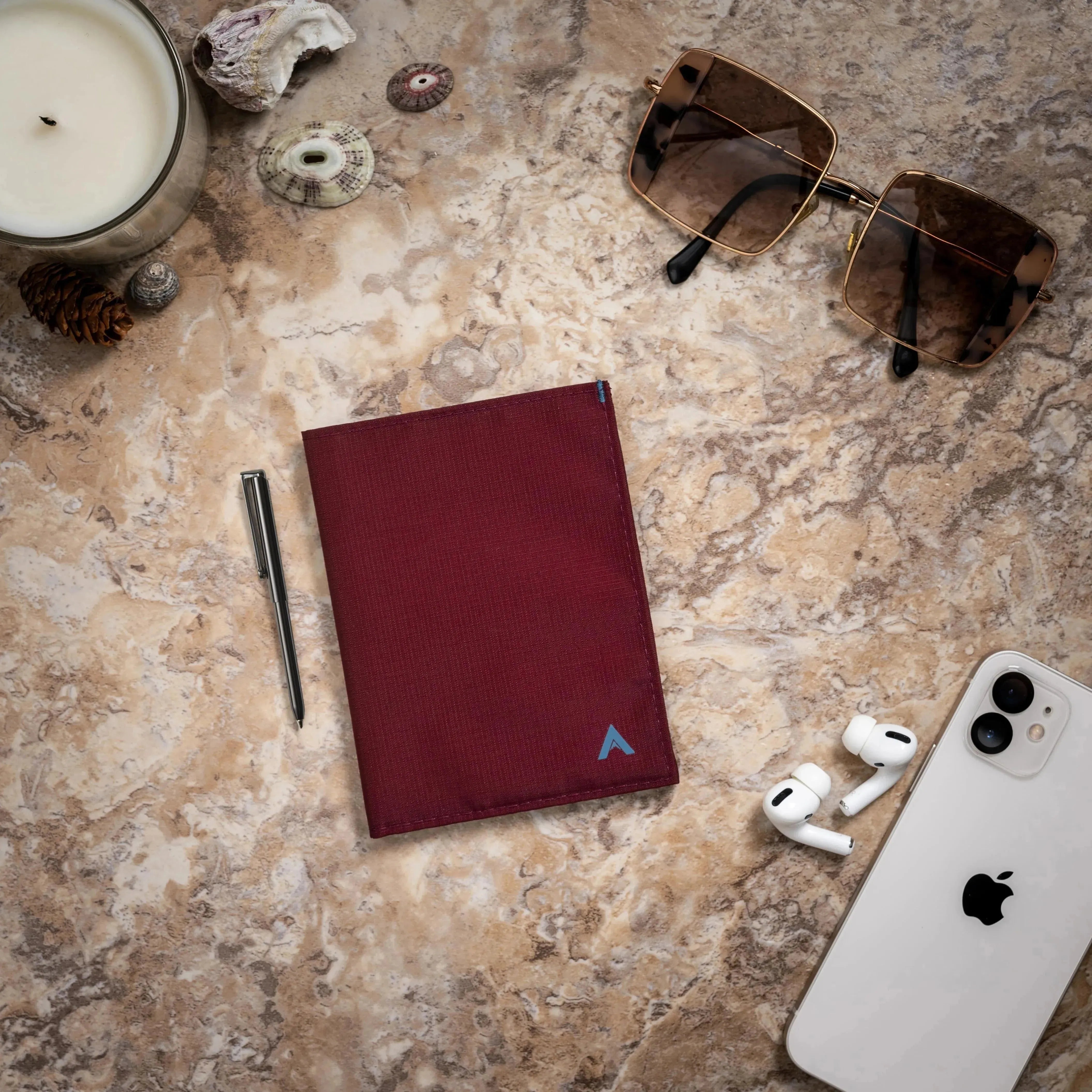 Aesthetic view of the minimalist vegan nylon wallet on a table mulberry
