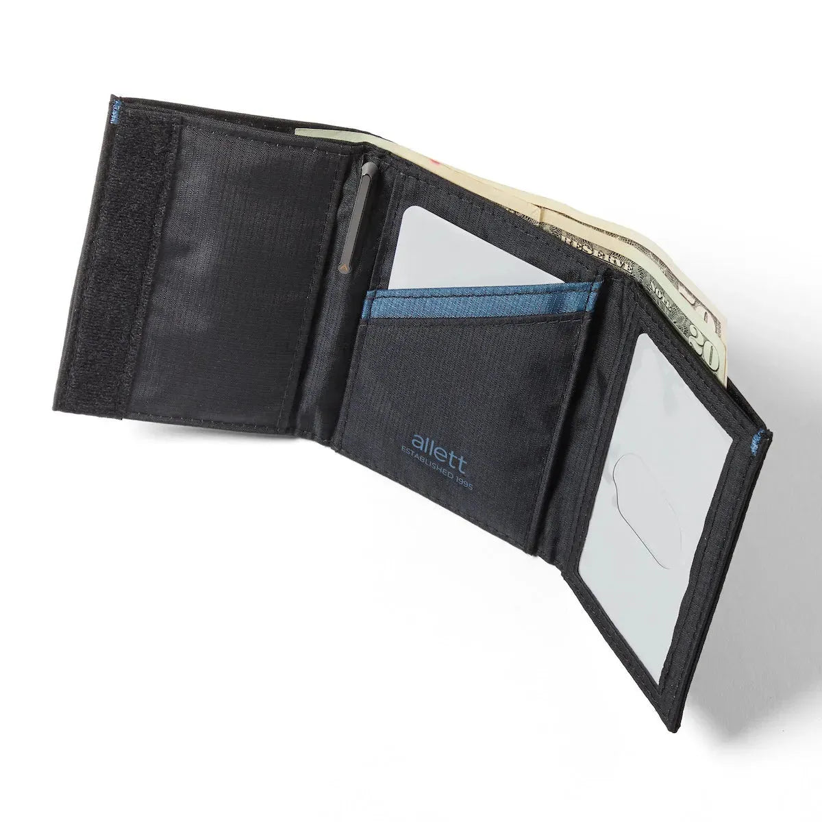 ID pocket to the right, a card chamber in the center, and a velcro section on the left. allett trifold wallet jet-black