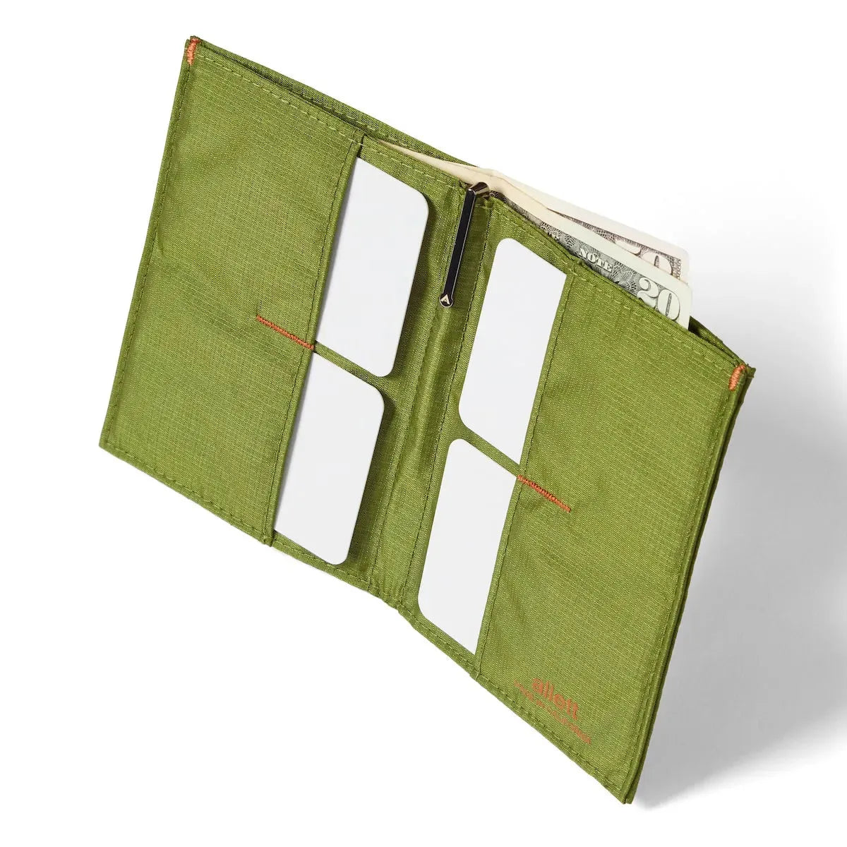 Upright cala green nylon coin wallet in an open position, highlighting the 2 x 2 pattern of credit card slots. Allett Coin Wallet 2.0 RFID Nylon cala-green