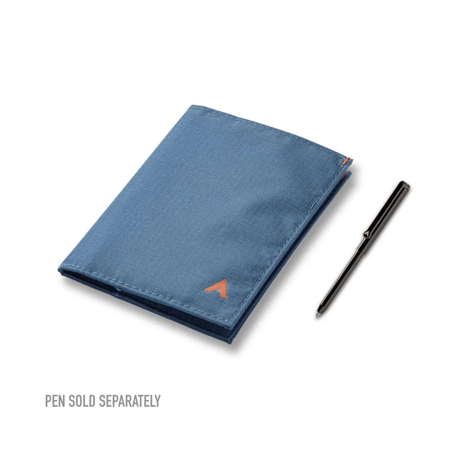 Blue Allett wallet with a pen on a white background