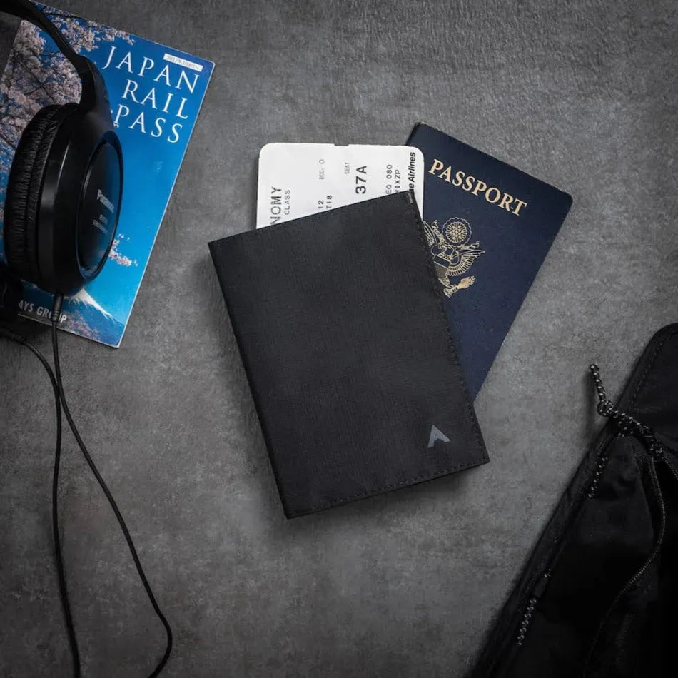 The Allett Wallet brand name on the vegan nylon wallet with RFID technology jet-black