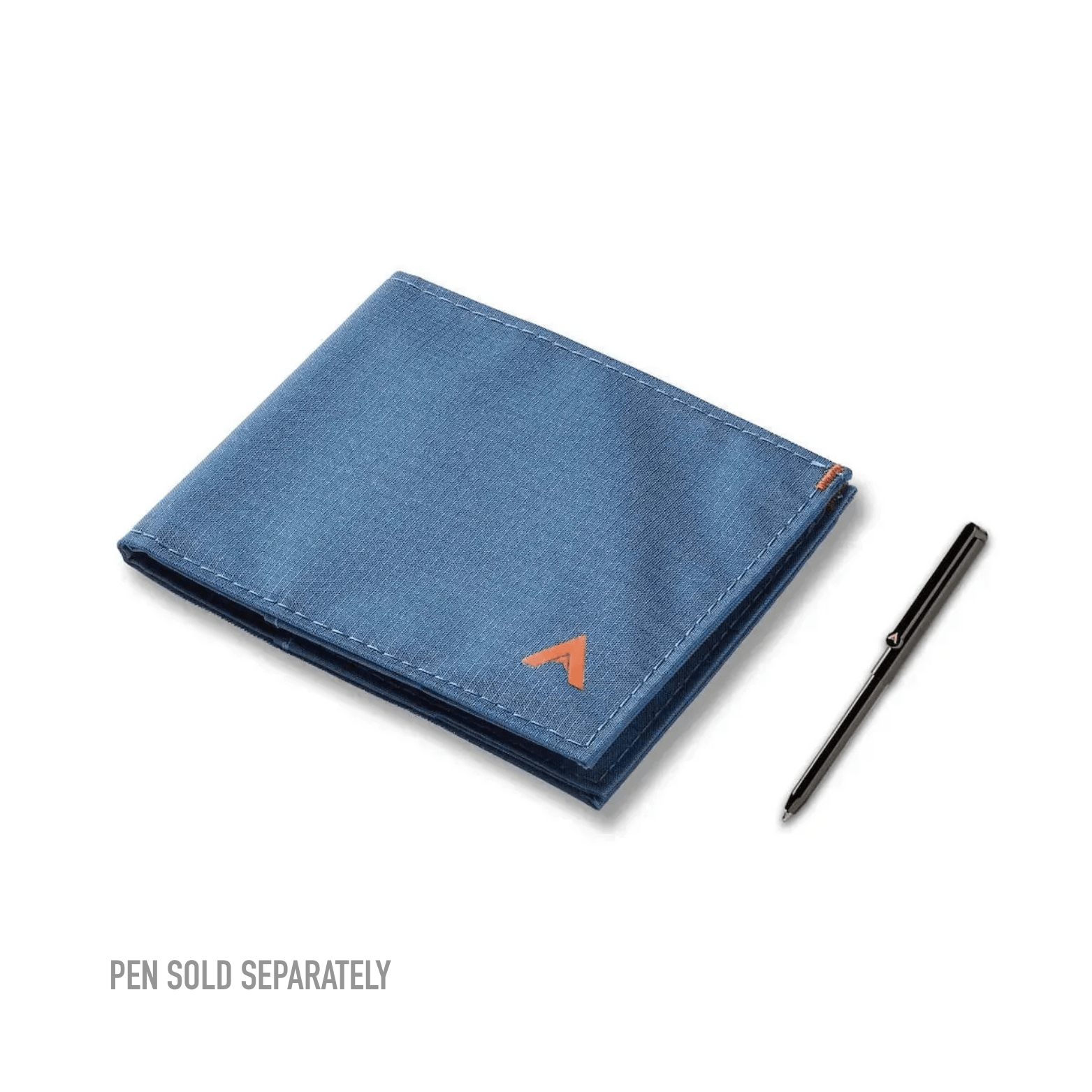 Nylon sports wallet in indigo blue, showcased alongside a micropen to provide a visual reference for its size and the availability of the accessory -Allett Sport Wallet RFID Nylon Front Pocket Wallet indigo-blue pen