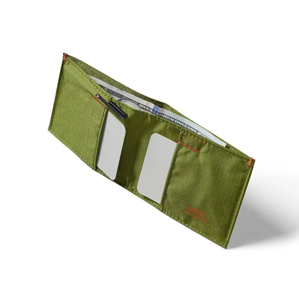 Open cala green sport wallet demonstrating its card-holding capacity, crafted from vegan ripstop nylon -Allett Sport Wallet RFID Nylon Front Pocket Wallet cala-green