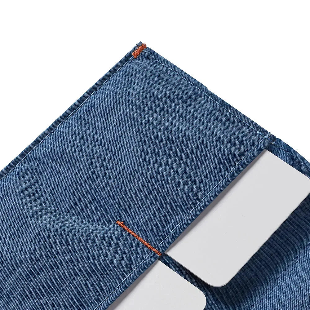 Close up of the corner of the Allett Wallet coin nylon wallet in indigo-blue