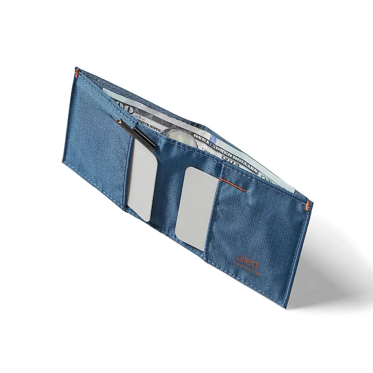 Open indigo blue sport wallet showcasing its card storage capacity, crafted from vegan ripstop nylon material -Allett Sport Wallet RFID Nylon Front Pocket Wallet indigo-blue