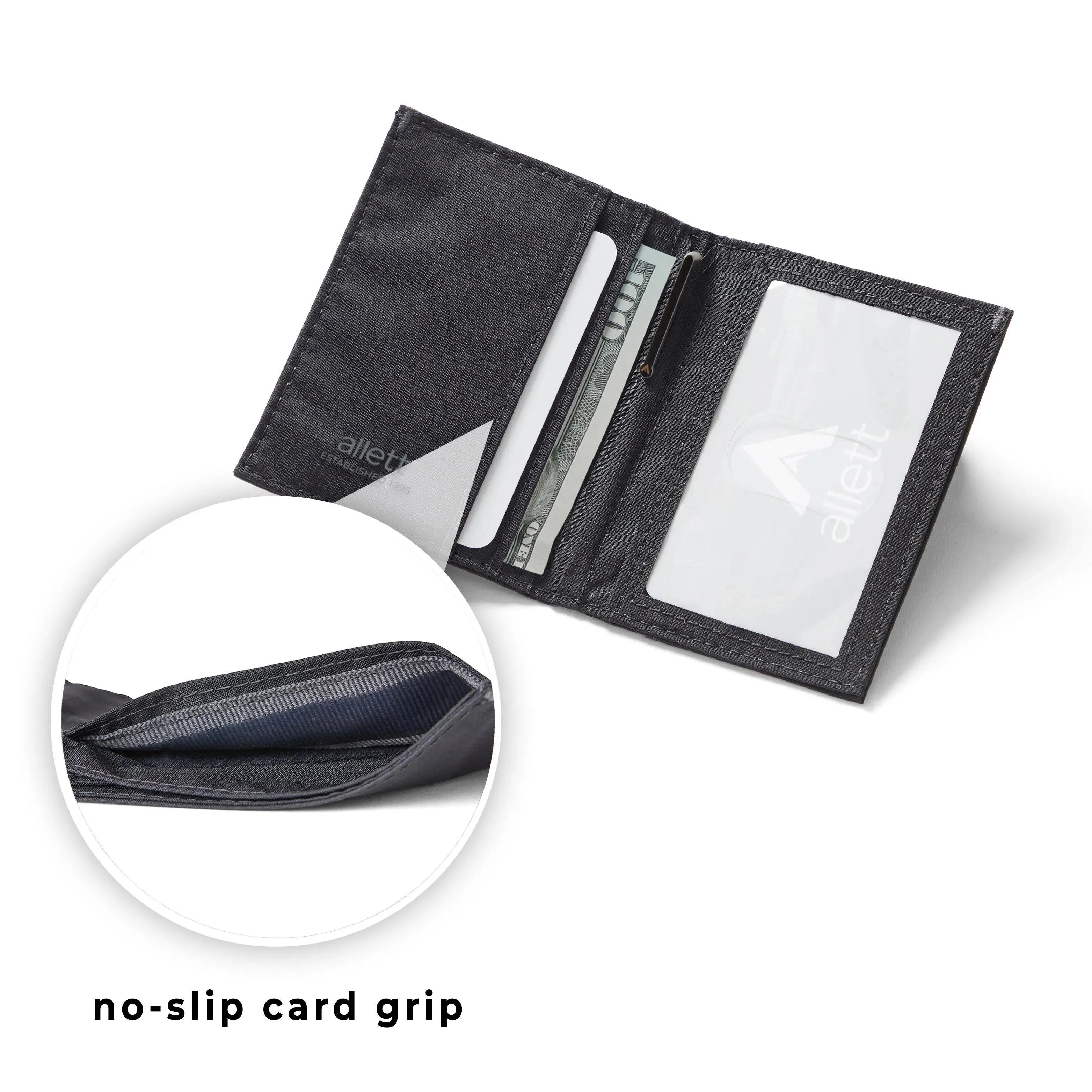 Zoomed in view of the nylon interior of the hybrid wallet, focusing on the 'no slip grip' technology. Allett Hybrid Card Wallet jet-black