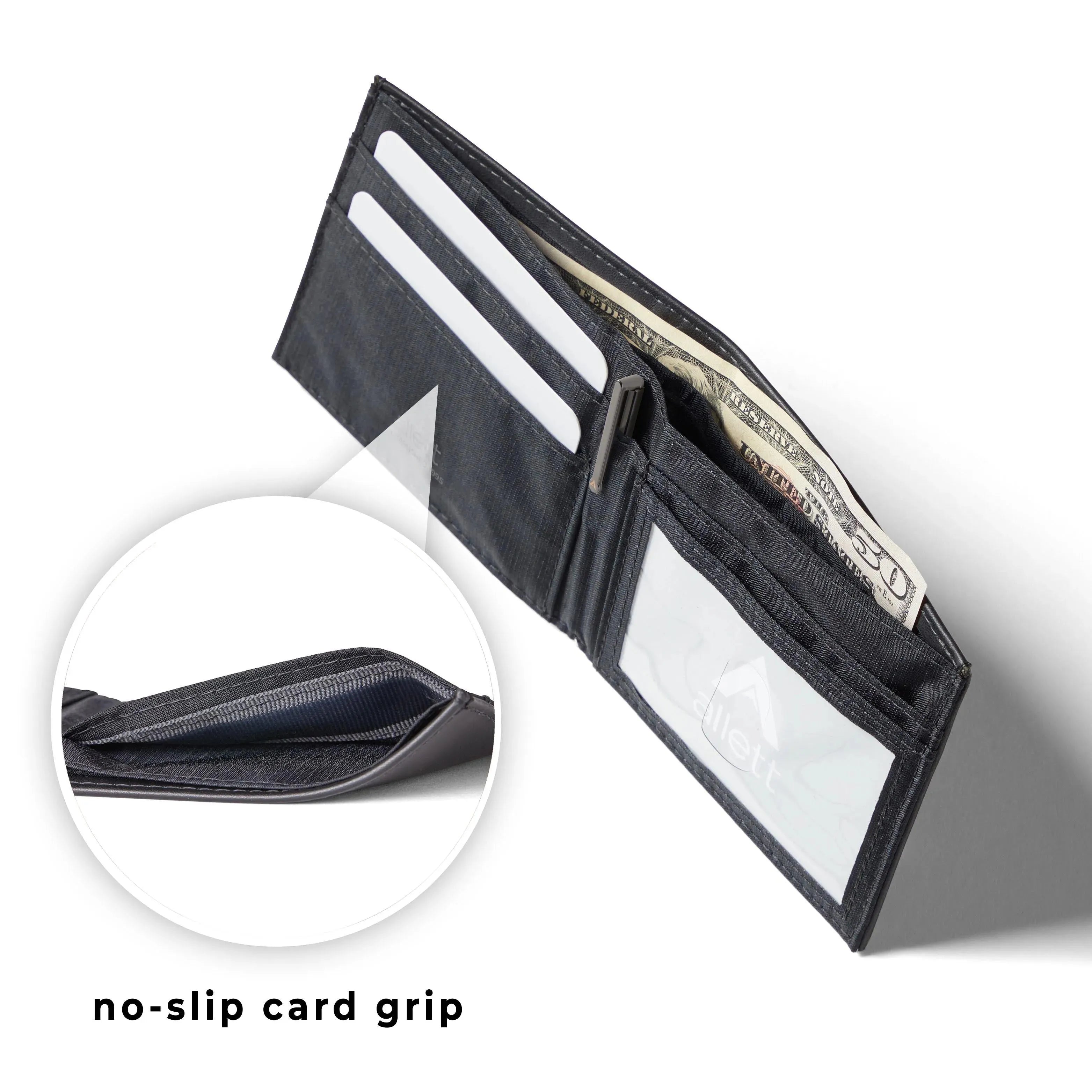 ID wallet from Allett revealing sharp grey material interior and no slip grip for cards -Allett ID Wallet Nylon RFID jet-black