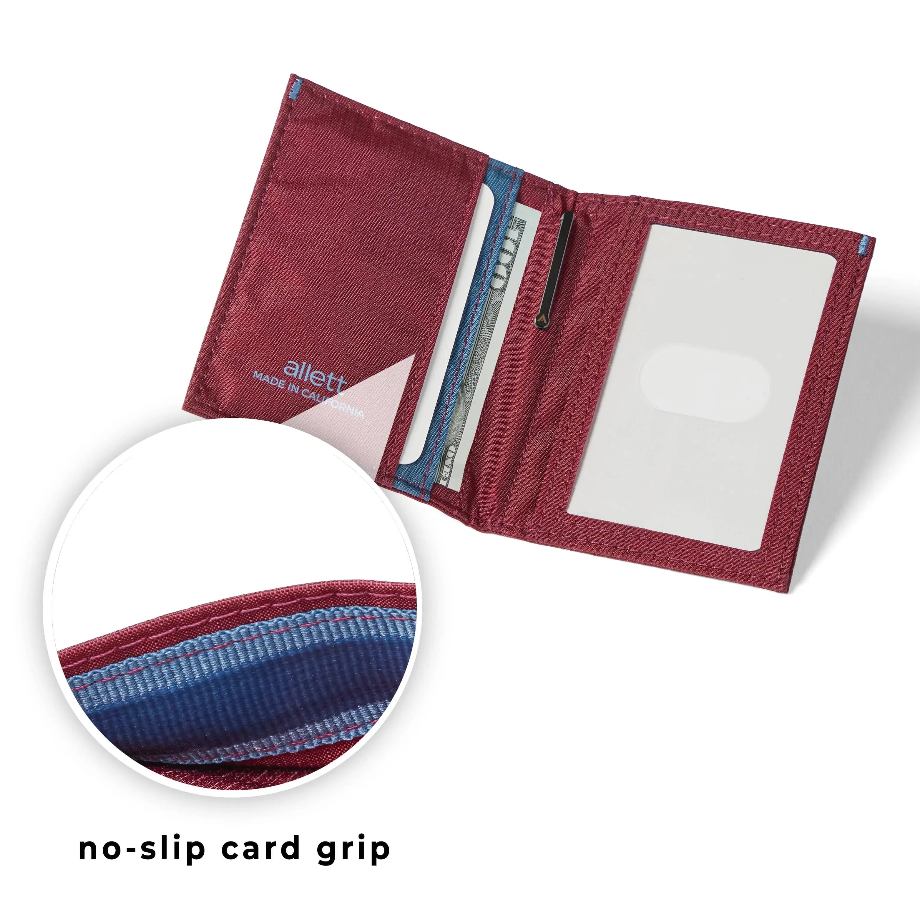 Zoomed in view of the nylon blue interior of the Mulberry hybrid wallet, focusing on the 'no slip grip' technology. Allett Hybrid Card Wallet mulberry