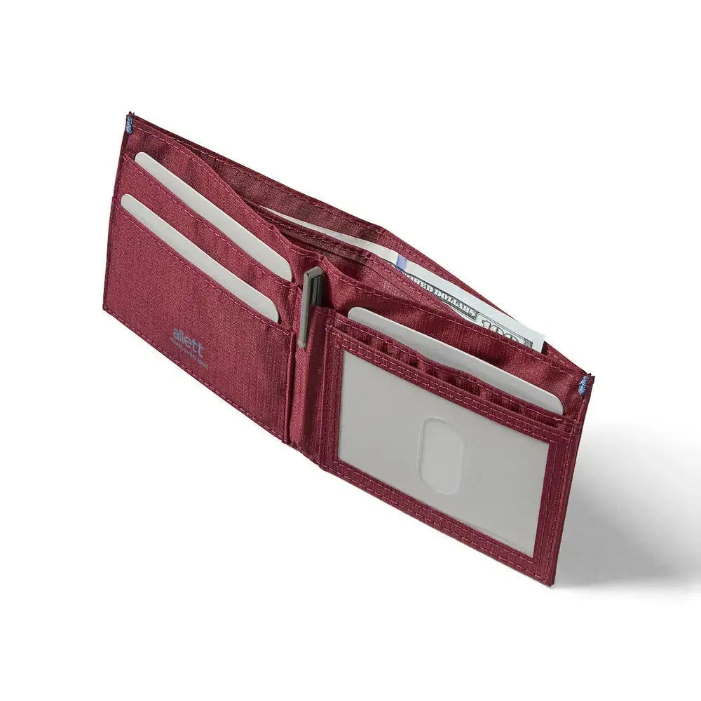 Identification wallet with a clear pocket for IDs - wallet is open and mulberry color with space for many cards -Allett ID Wallet Nylon RFID mulberry