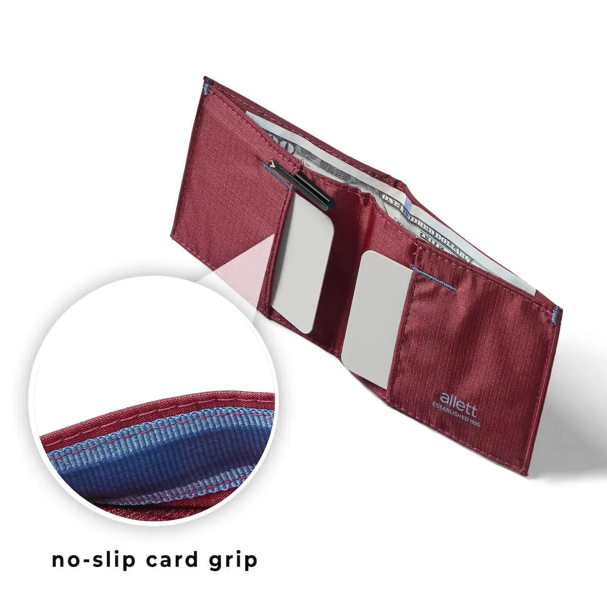 Front pocket mulberry vegan nylon sport wallet with a zoomed in circle to show the light blue interior and no slip grip to prevent cards from falling out - Allett Sport Wallet RFID Nylon Front Pocket Wallet mulberry
