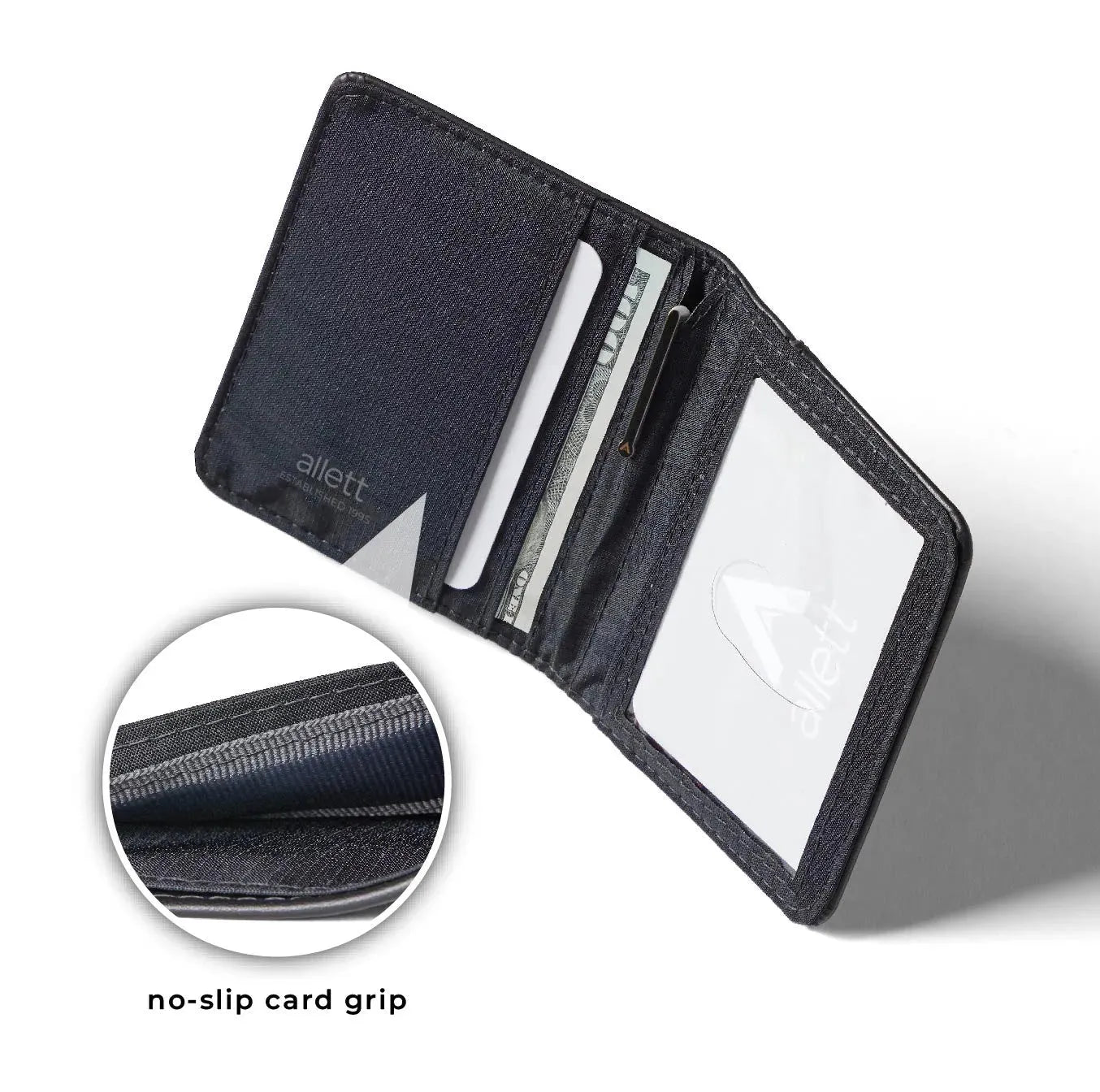 Open onyx black leather card wallet against a white background casting a shadow. onyx-black