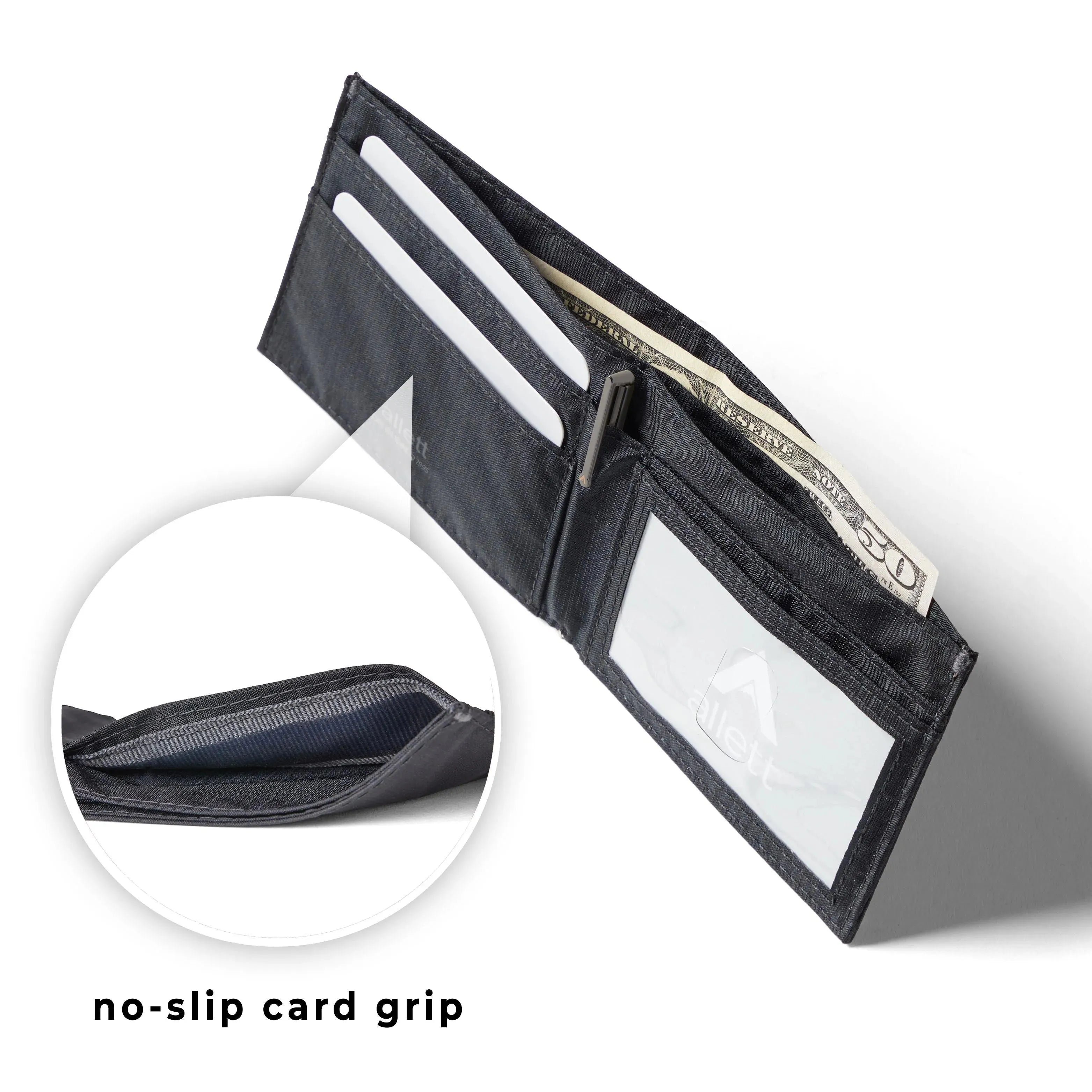 Onyx color leather wallet with a magnified close up of a small section to show the no-slip grip of the wallet. Allett id wallet leather onyx
