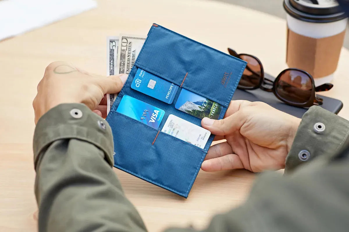 Nylon Original Wallet in hands at cafe rfid blocking indigo-blue