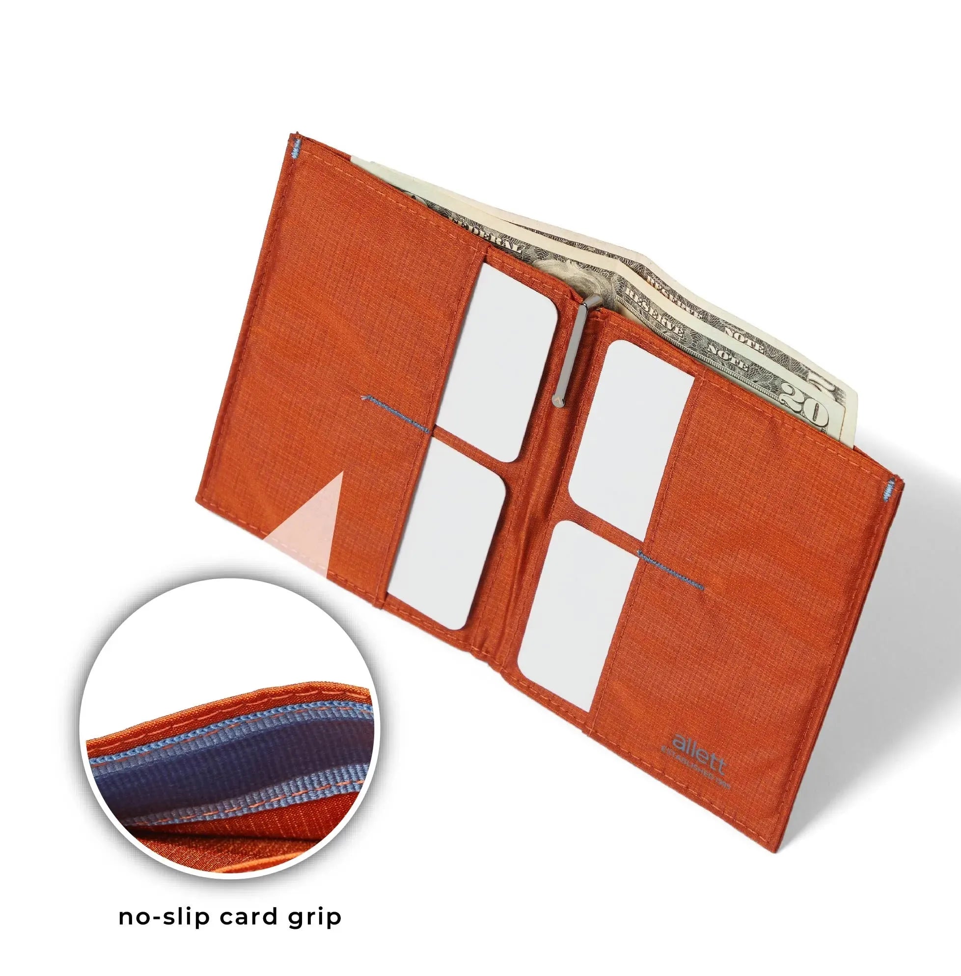 The Original Nylon Wallet from Allett, showing the no-slip card grip potters-clay