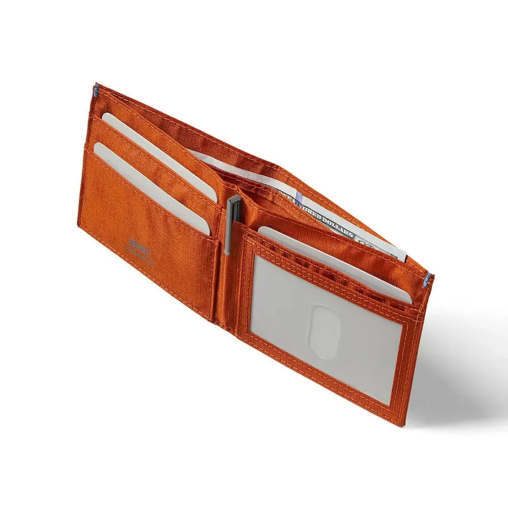 Showcase of an open premium vegan wallet made with potters clay nylon with clear ID cover-Allett ID Wallet Nylon RFID potters-clay