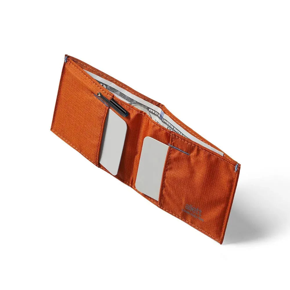 Open sport wallet showcasing its card storage capacity, expertly crafted from vegan ripstop nylon material in potters clay - Allett Sport Wallet RFID Nylon Front Pocket Wallet potters-clay