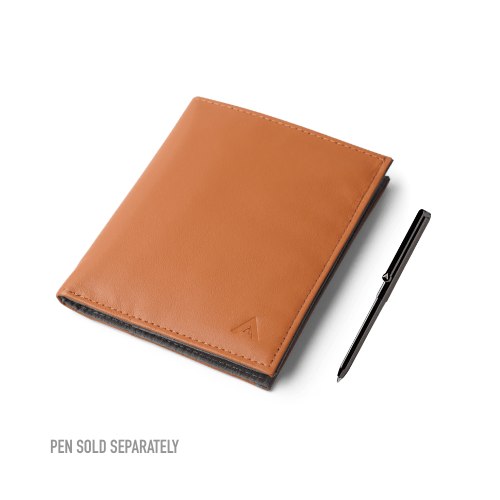 Hazel Brown leather Allett Wallet with a pen on a white background