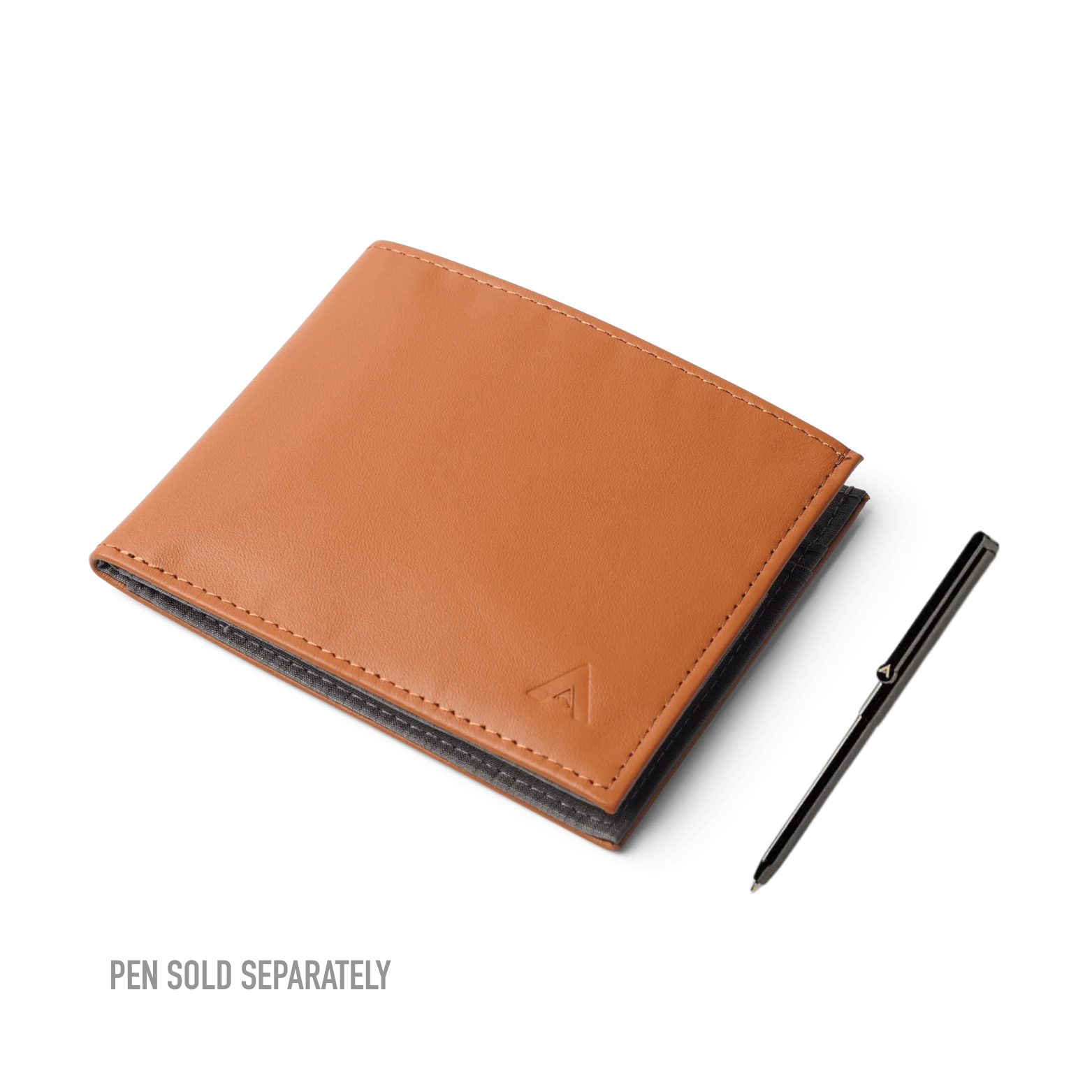 Hazel Brown Allett leather wallet with a pen on a white background