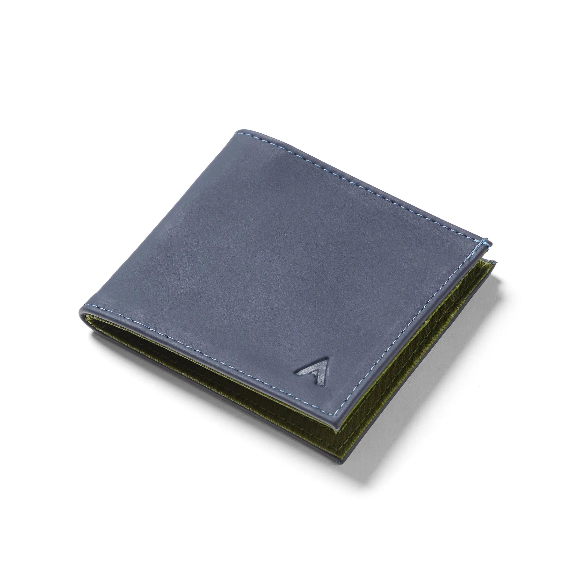 Ultra thin leather midnight blue ID wallet that is sitting flat atop a white background. Allett id wallet leather midnight-blue