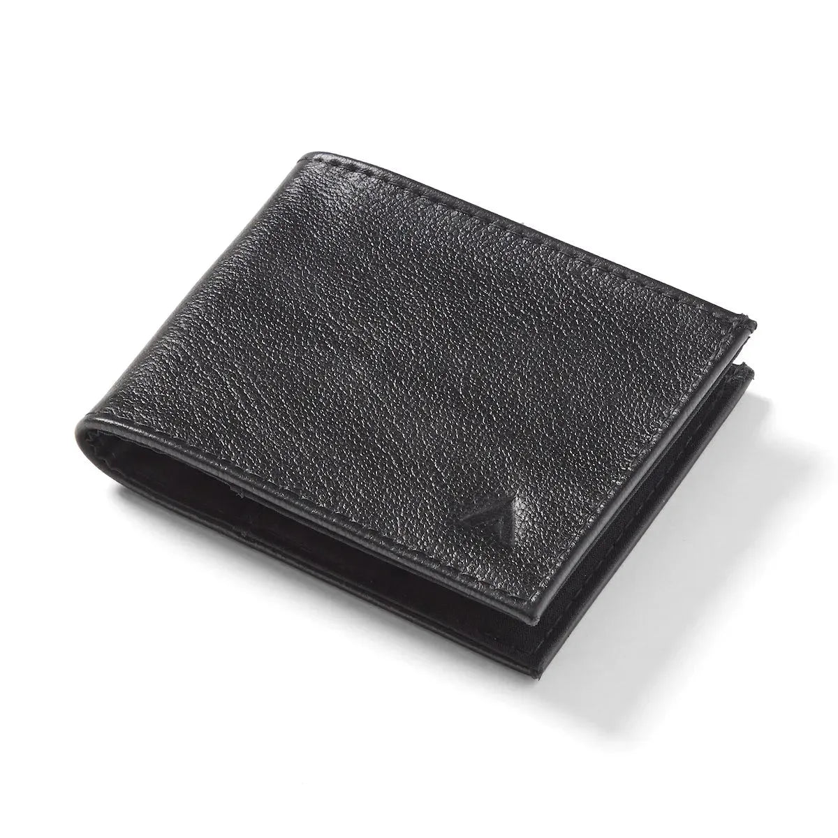 An onyx black RFID sports wallet by Allett, crafted from leather, situated closed against a white backdrop. Allett leather sport wallet onyx-black