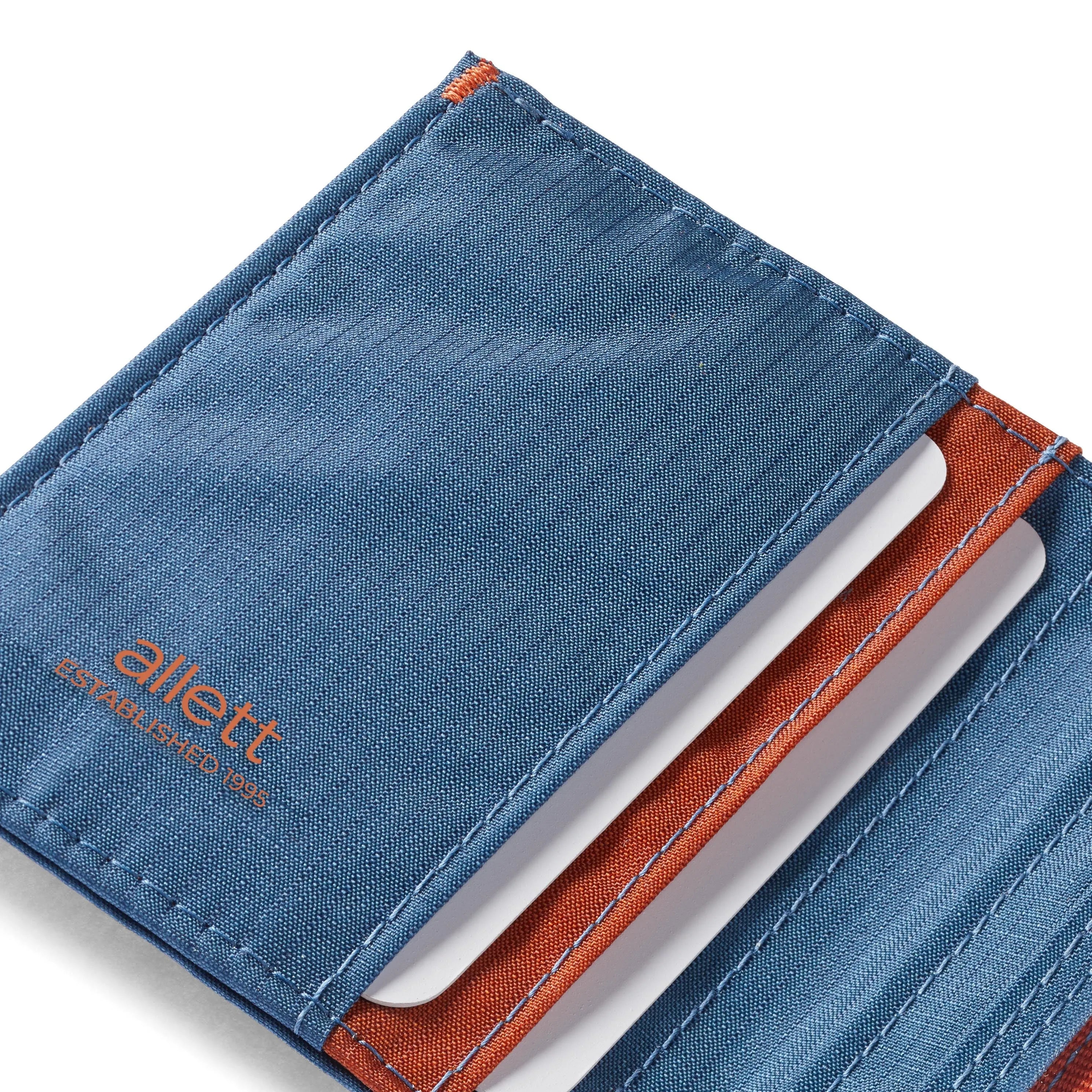 A part of the Indigo Blue hybrid card wallet, emphasizing the card holder pocket and fine stitch work. Allett Hybrid Card Wallet indigo-blue