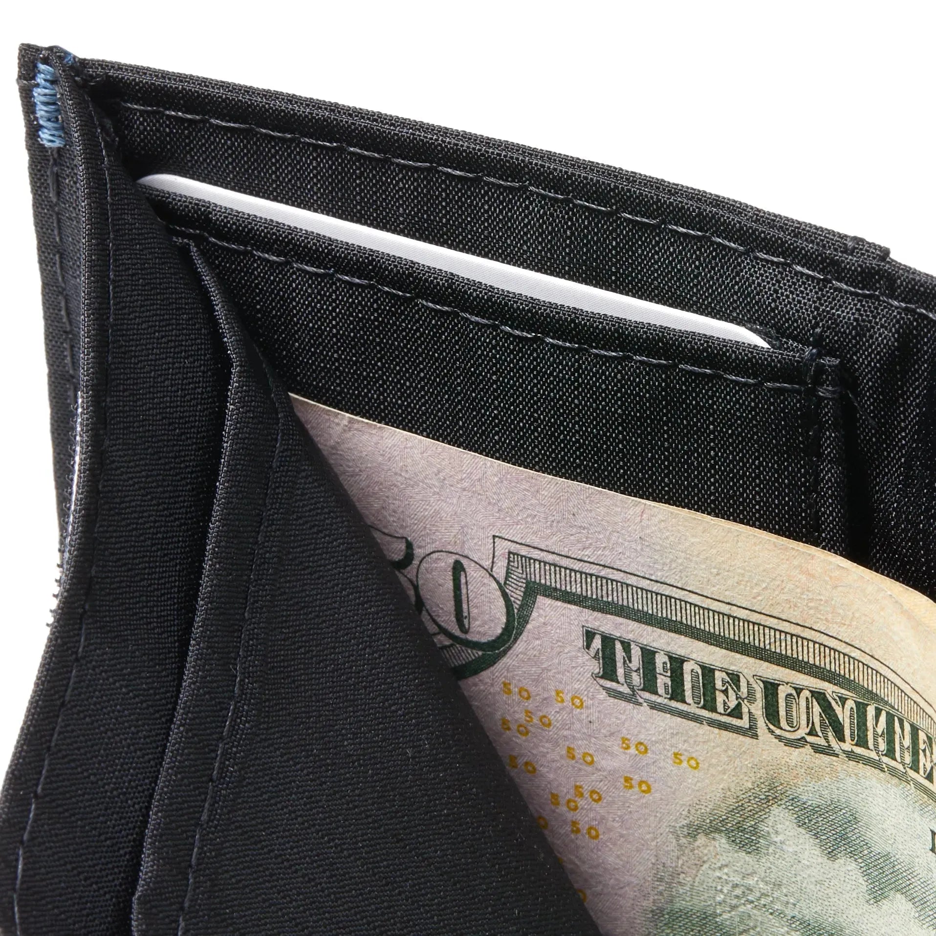 Close up of the hidden interior card pocket inside of the large cash pocket of the vegan nylon trifold wallet in jet black. Allett Trifold Wallet nylon edition - jet-black