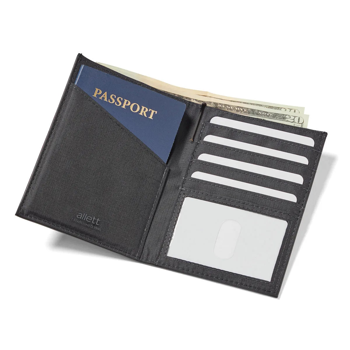 Open RFID Allett passport wallet showing space for 6+ cards and a passport. Nappa black leather laying against a white background. - black