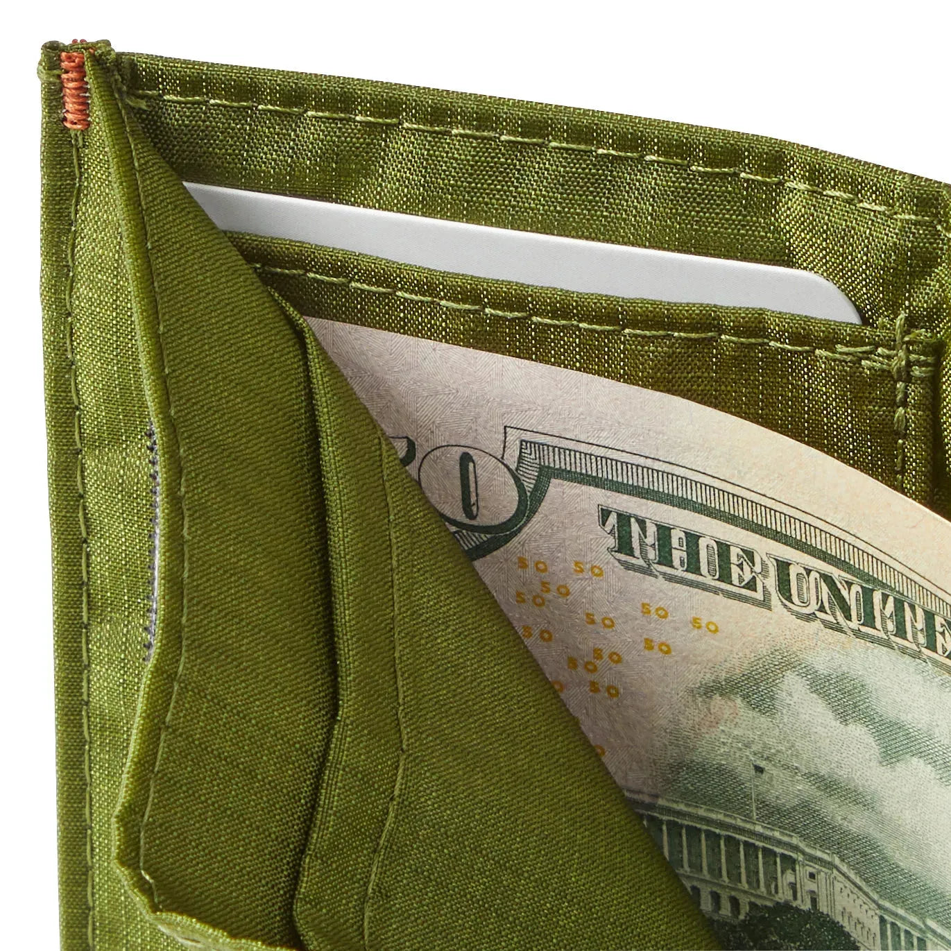 Interior view of the hidden card pocket inside the cash compartment of the vegan nylon trifold wallet in cala green. allett trifold wallet cala-green
