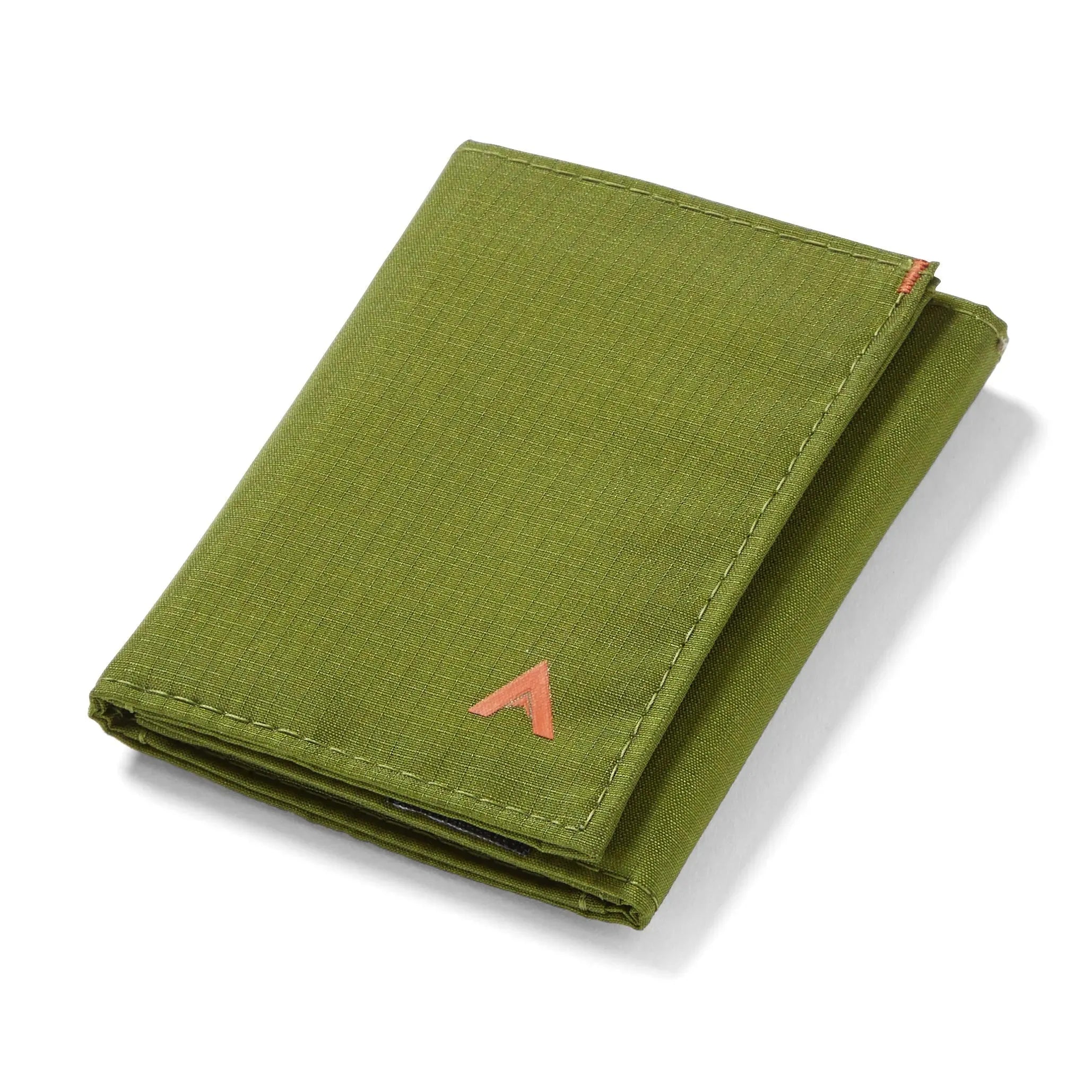 Cala green vegan nylon trifold wallet, closed and positioned against a pristine white background. allett trifold wallet cala-green