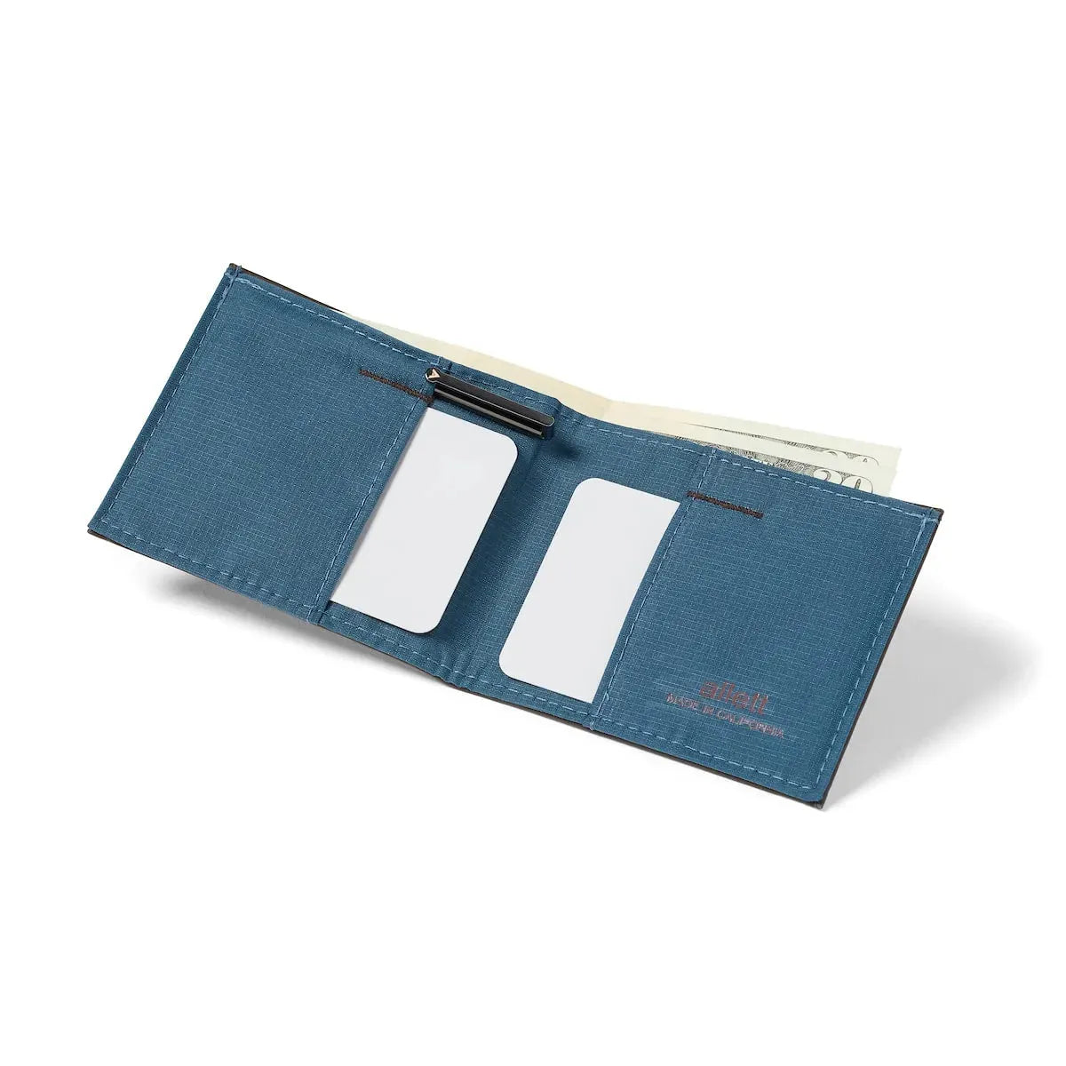 Minimalist Wallet open with nylon interior and leather exterior chocolate-brown by Allett